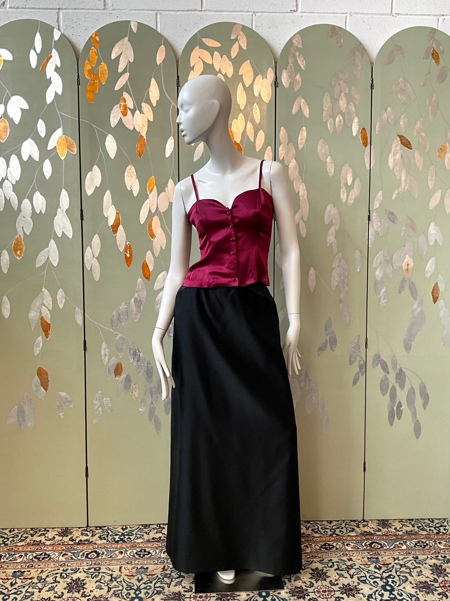 Vintage Deadstock 1990s Black and Maroon Satin Sweetheart Strap Tops, S/XS