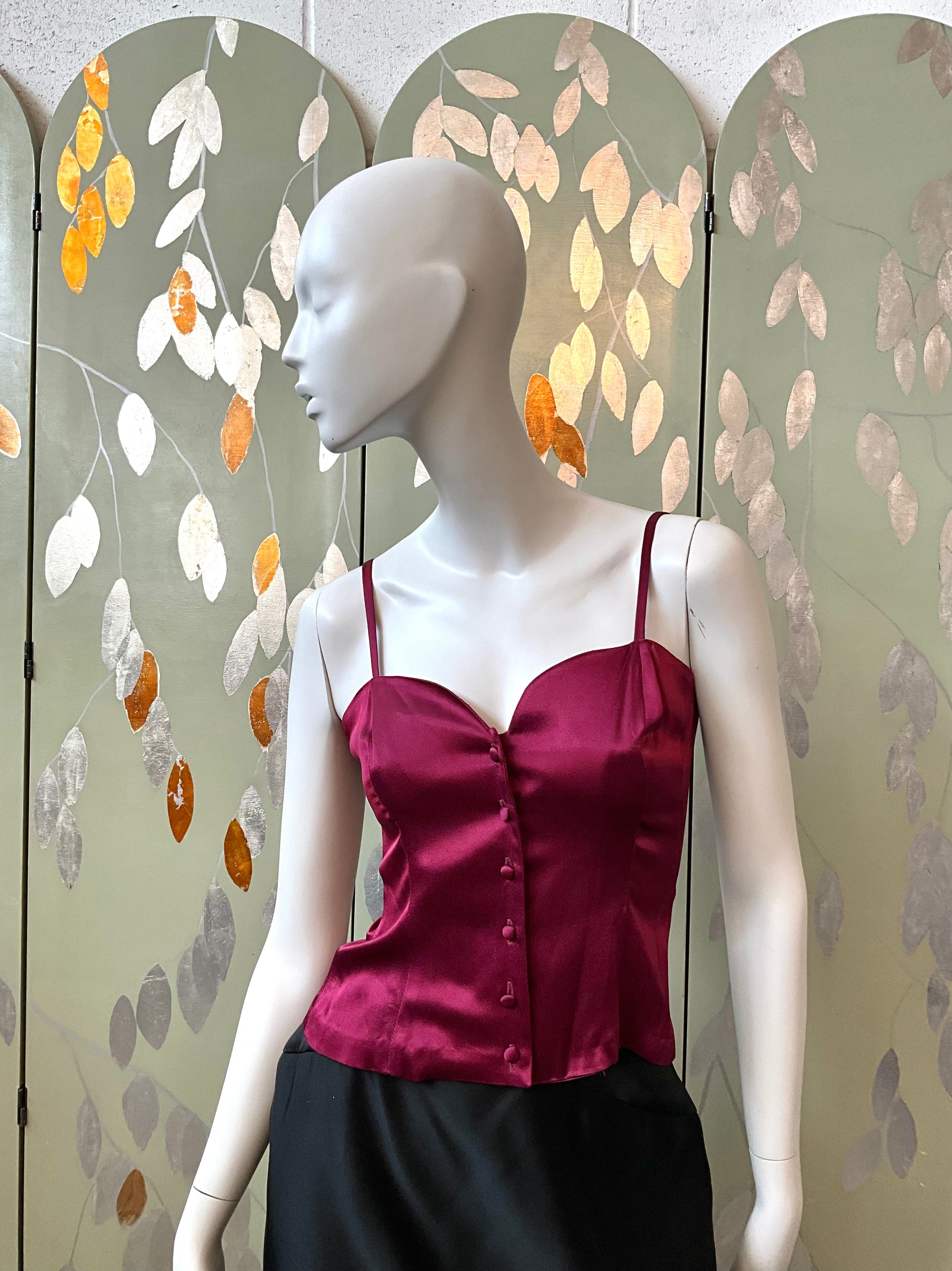 Vintage Deadstock 1990s Black and Maroon Satin Sweetheart Strap Tops, S/XS