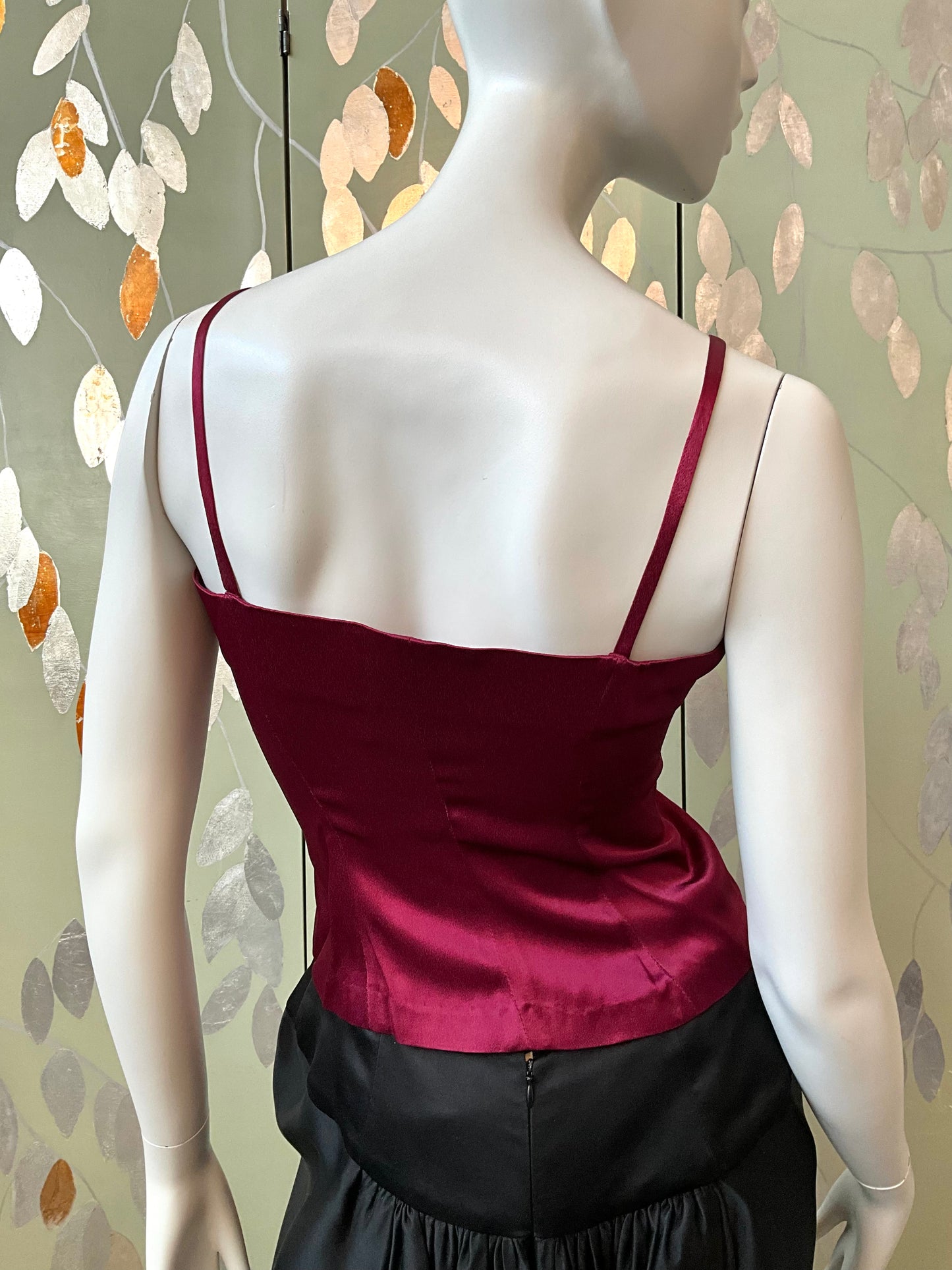 Vintage Deadstock 1990s Black and Maroon Satin Sweetheart Strap Tops, S/XS
