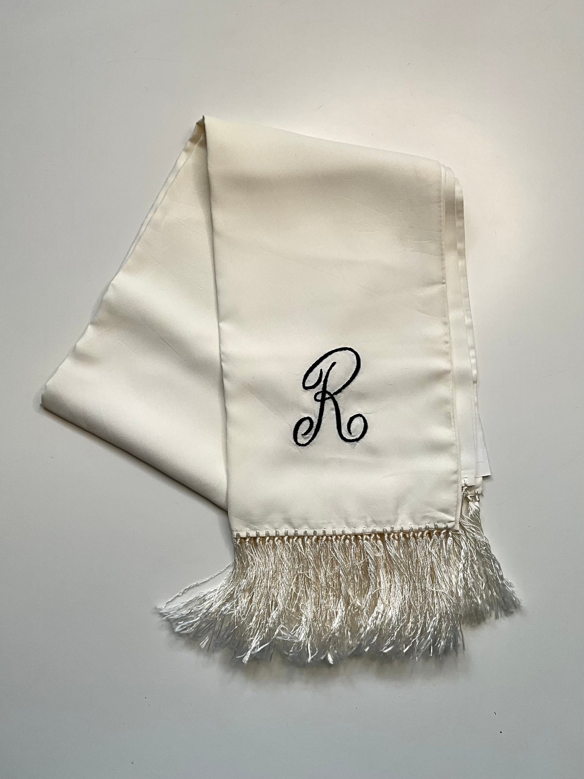 Vintage 1950s White Rayon "R" Initial Fringed Scarf 