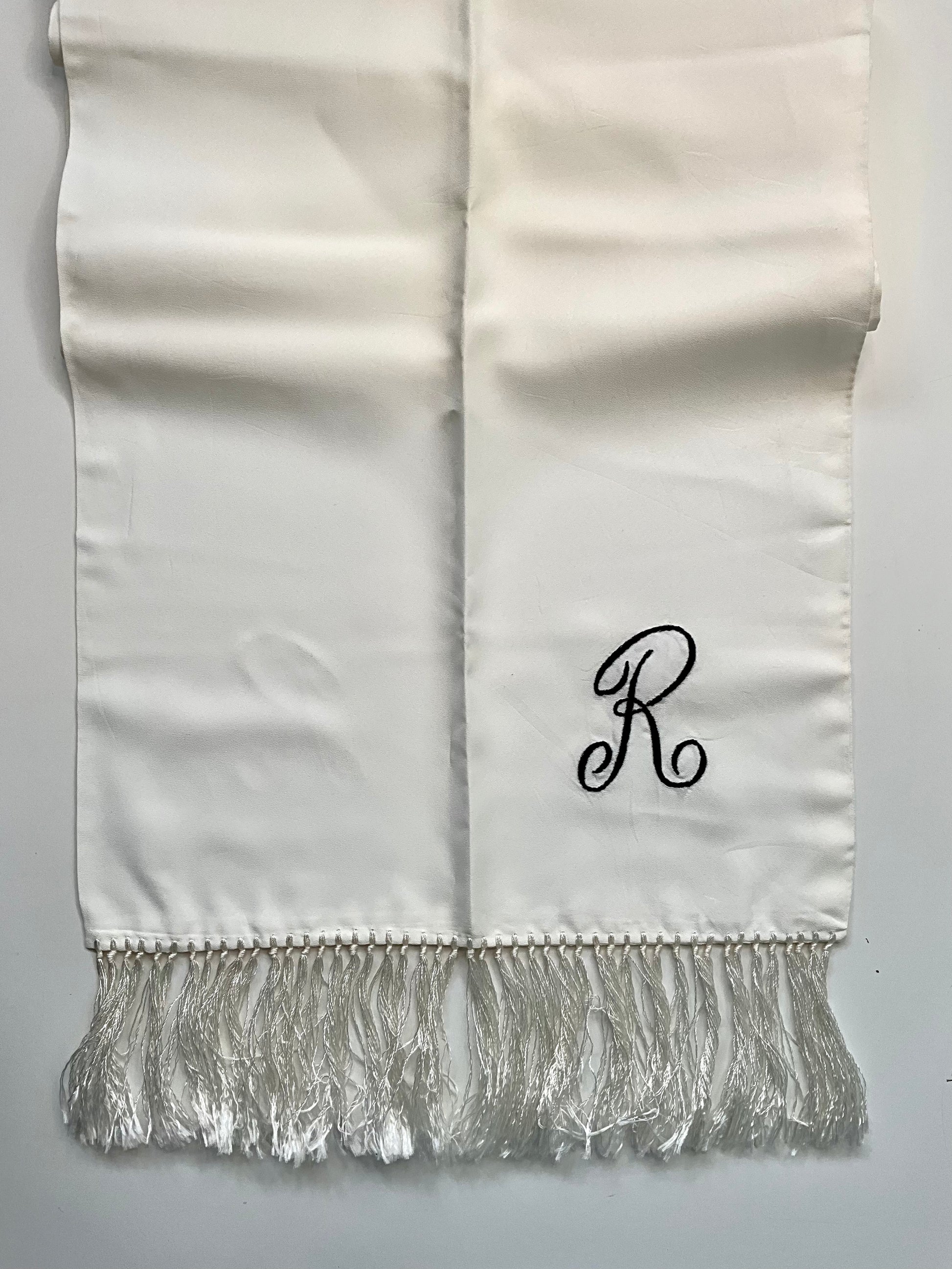 Vintage 1950s White Rayon "R" Initial Fringed Scarf 