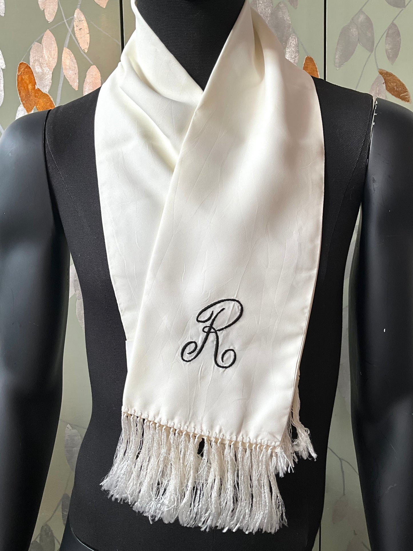 Vintage 1950s White Rayon "R" Initial Fringed Scarf 