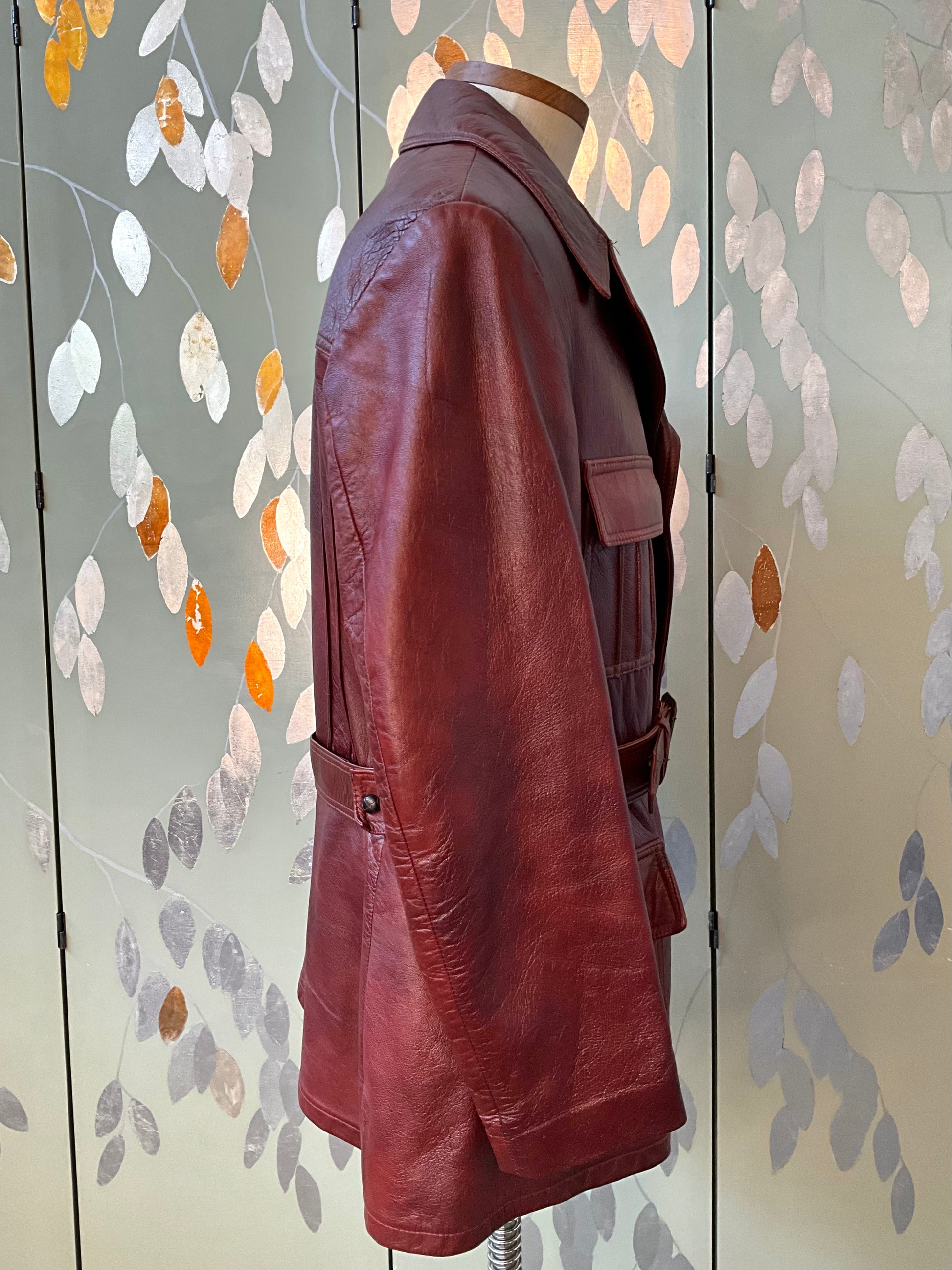 Vintage 1970s Burgundy Red Leather Men's Belted Jacket, Mac-Mor, Large 