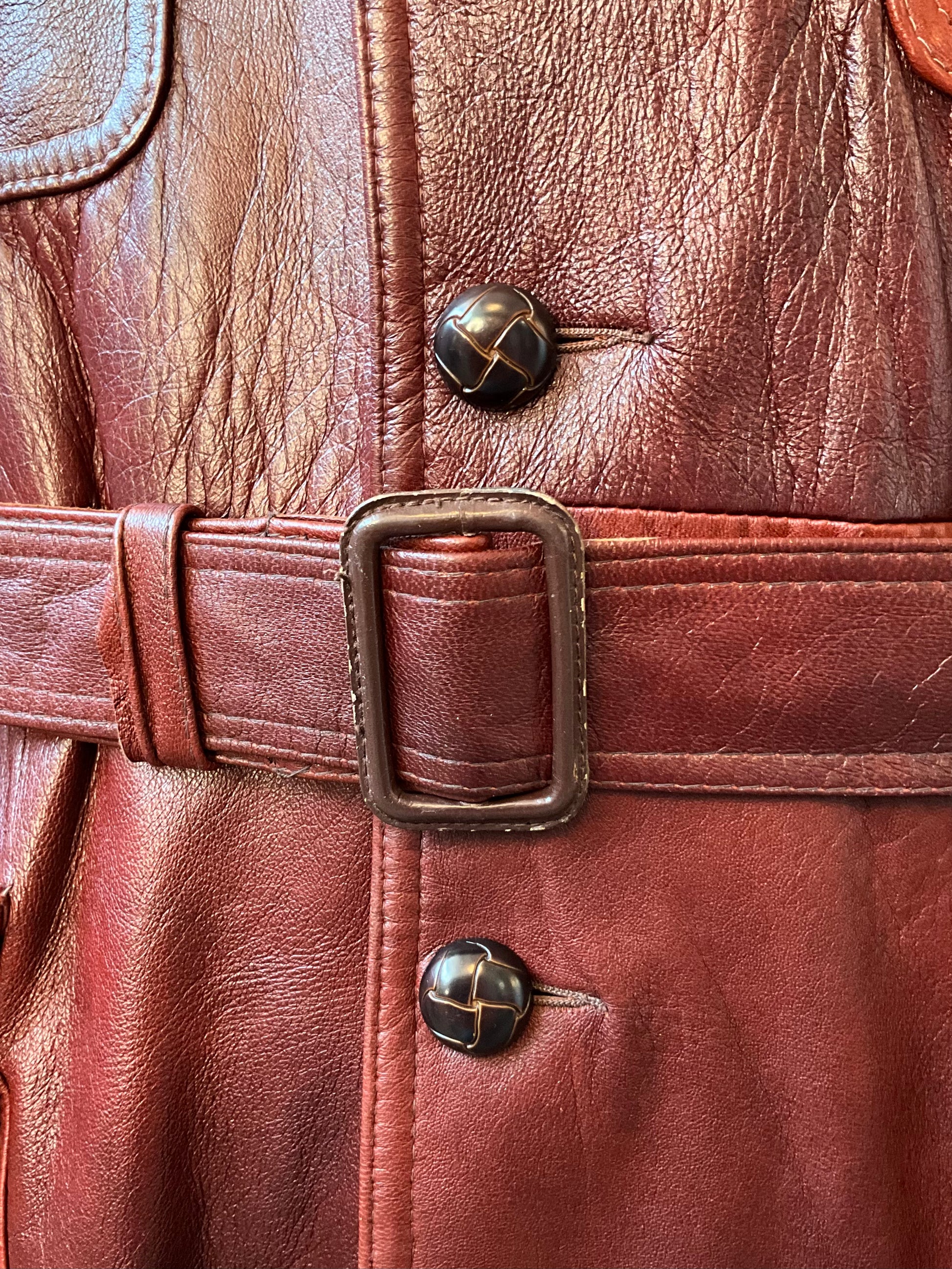 Vintage 1970s Burgundy Red Leather Men's Belted Jacket, Mac-Mor, Large 