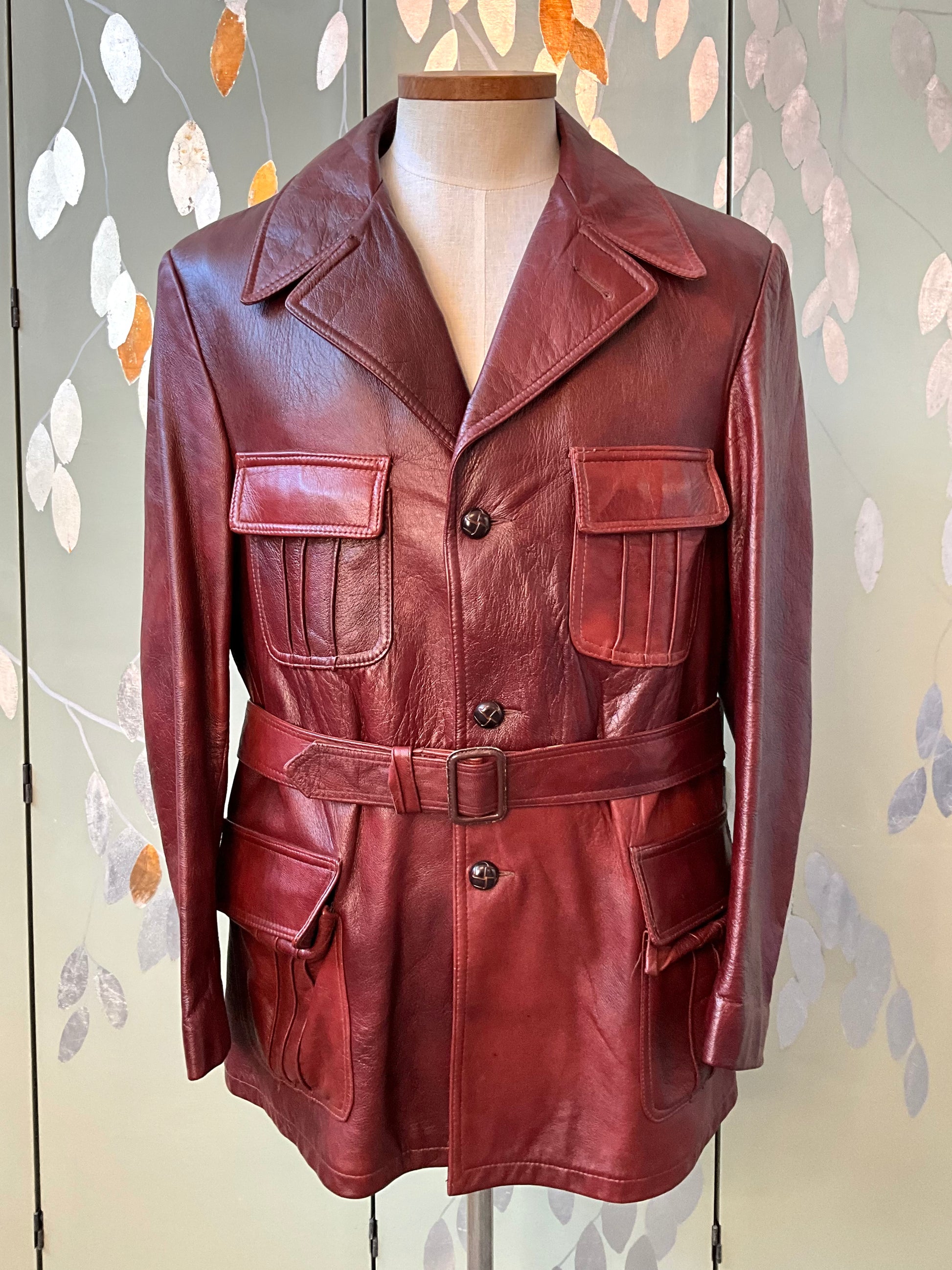 Vintage 1970s Burgundy Red Leather Men's Belted Jacket, Mac-Mor