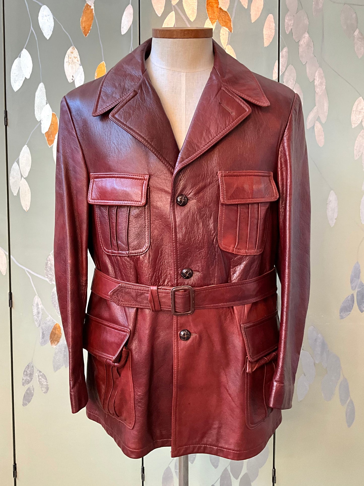 Vintage 1970s Burgundy Red Leather Men's Belted Jacket, Mac-Mor, Large 