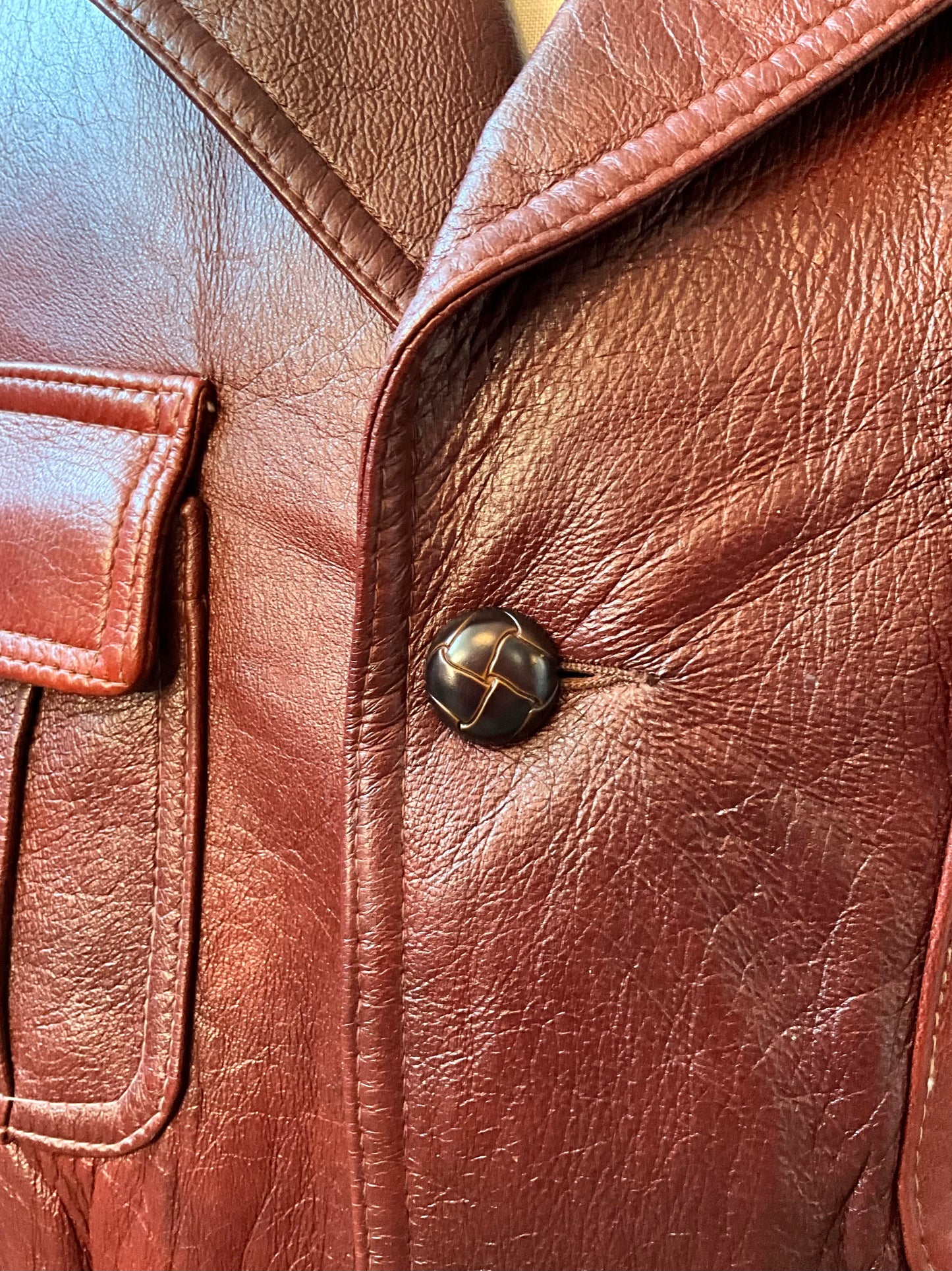 Vintage 1970s Burgundy Red Leather Men's Belted Jacket, Mac-Mor, Large 