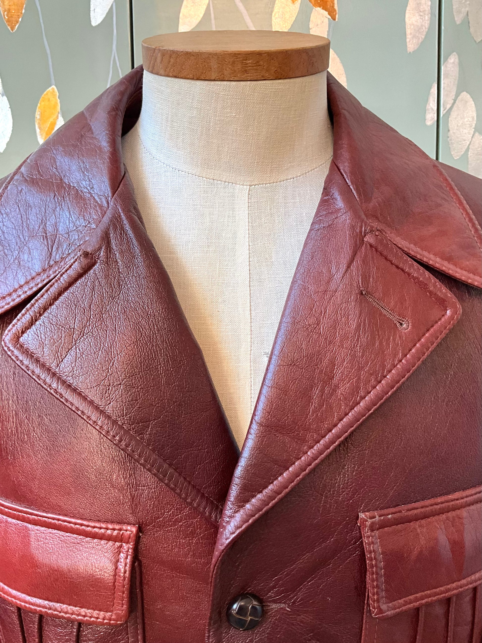 Vintage 1970s Burgundy Red Leather Men's Belted Jacket, Mac-Mor, Large 