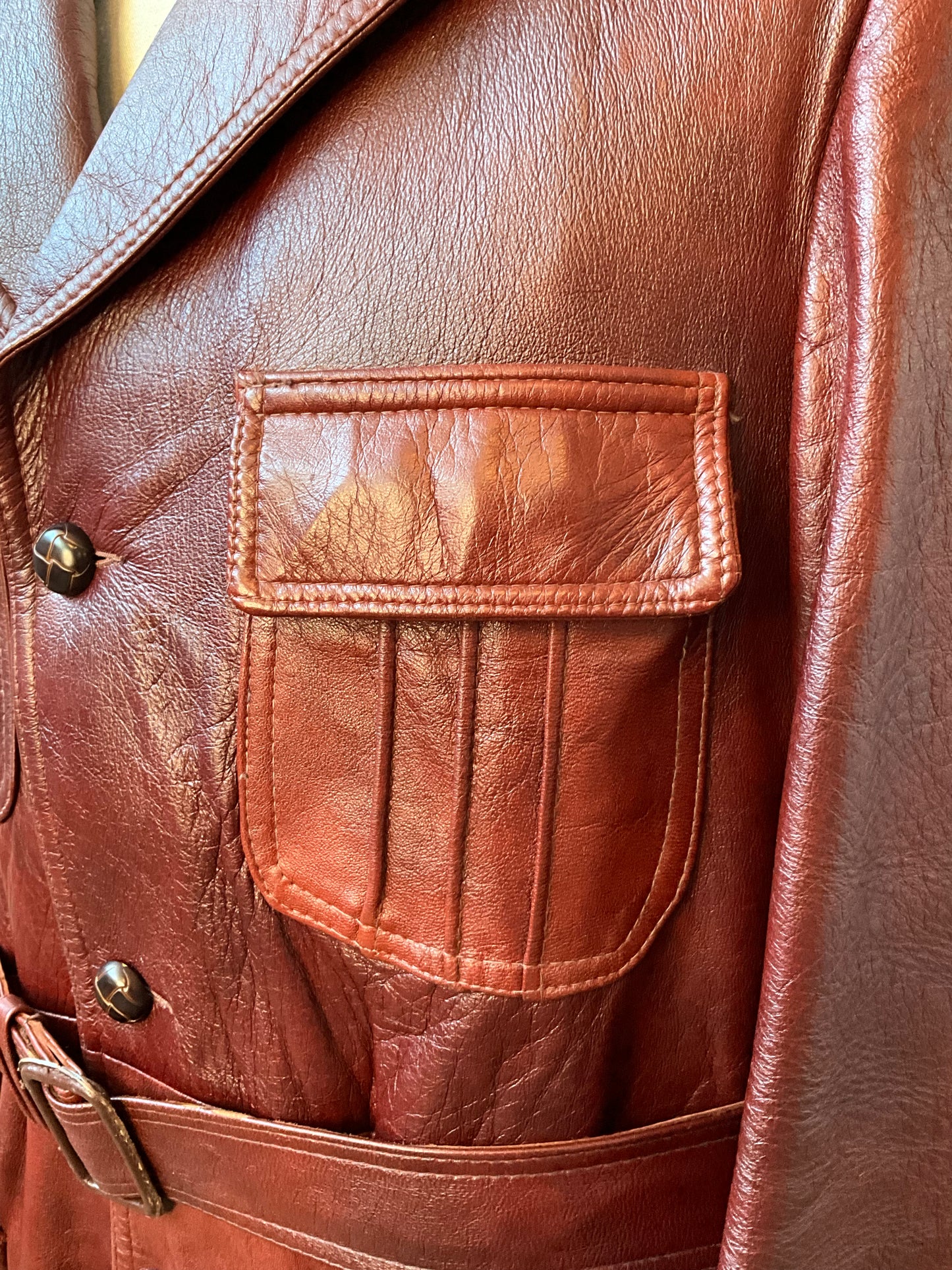 Vintage 1970s Burgundy Red Leather Men's Belted Jacket, Mac-Mor, Large 