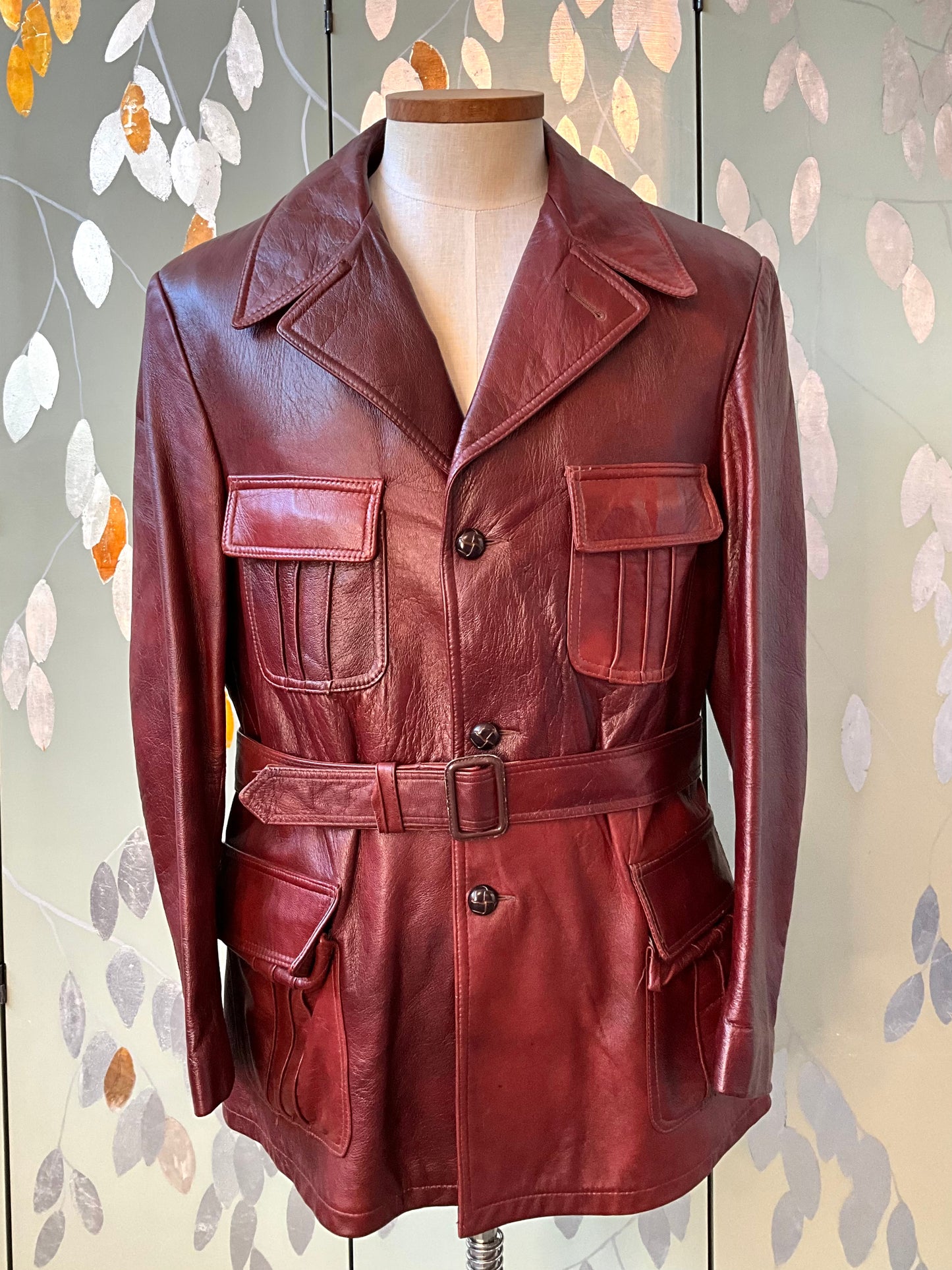 Vintage 1970s Burgundy Red Leather Men's Belted Jacket, Mac-Mor, Large 