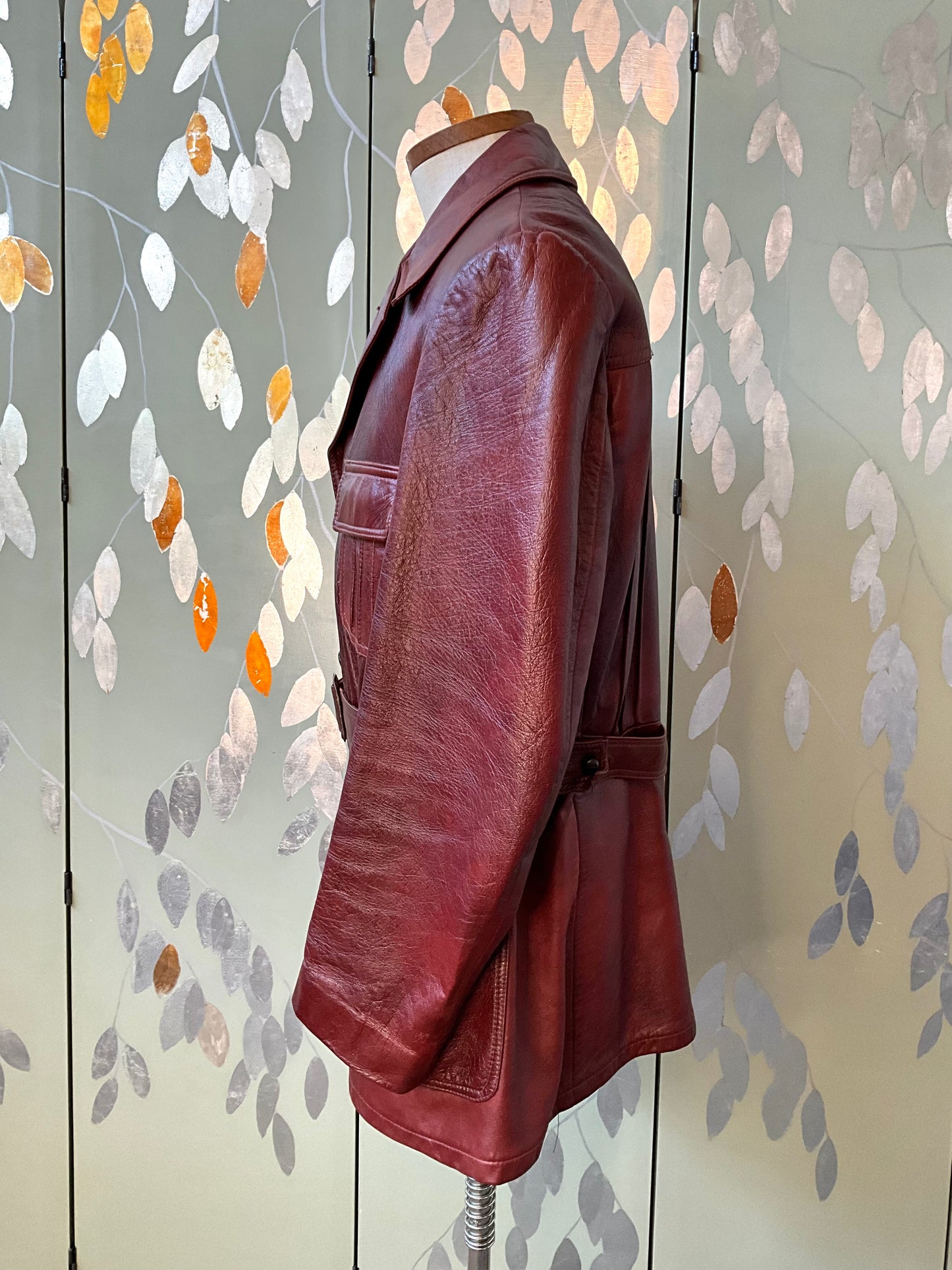 Vintage 1970s Burgundy Red Leather Men's Belted Jacket, Mac-Mor, Large 