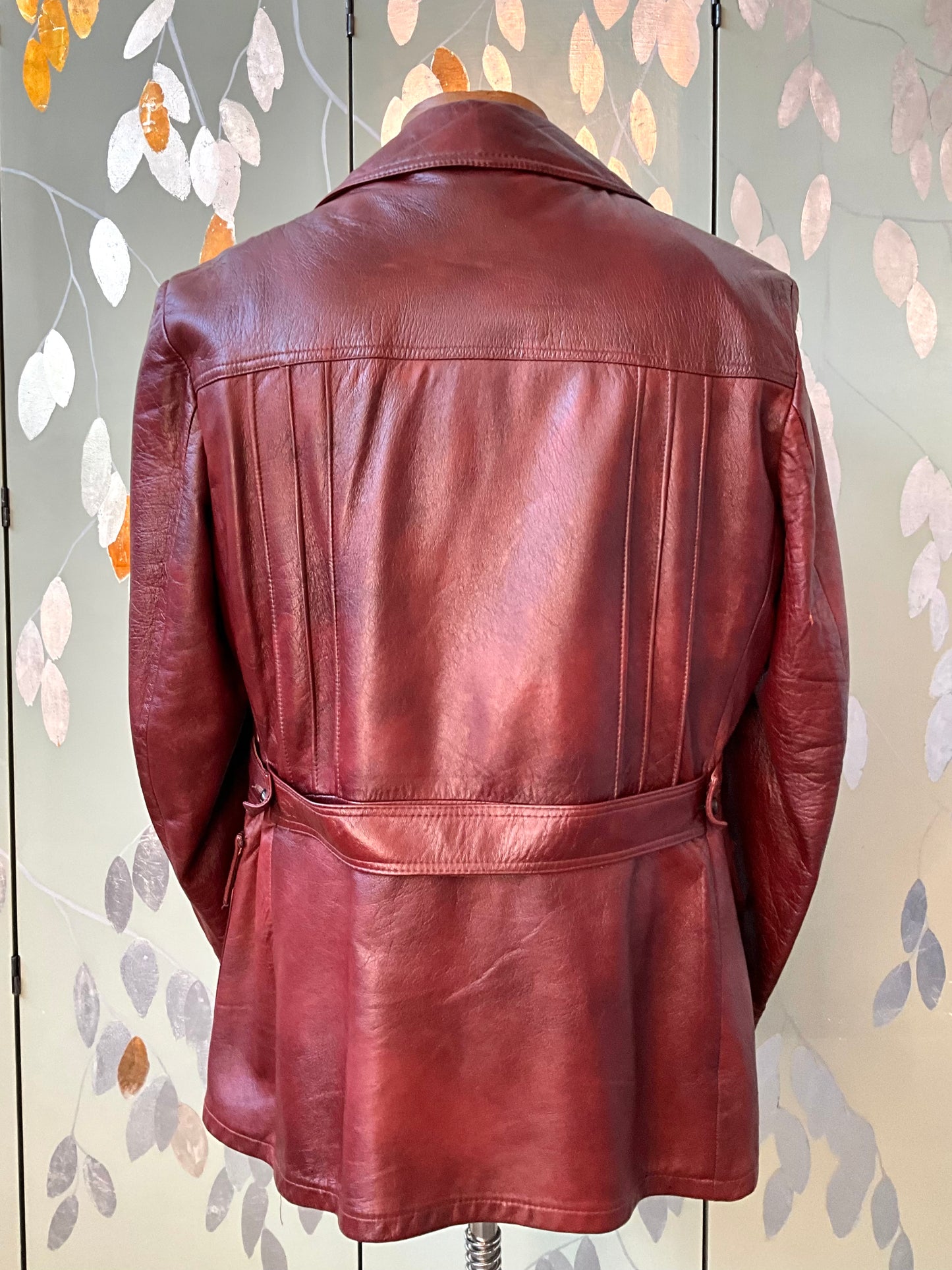 Vintage 1970s Burgundy Red Leather Men's Belted Jacket, Mac-Mor, Large 