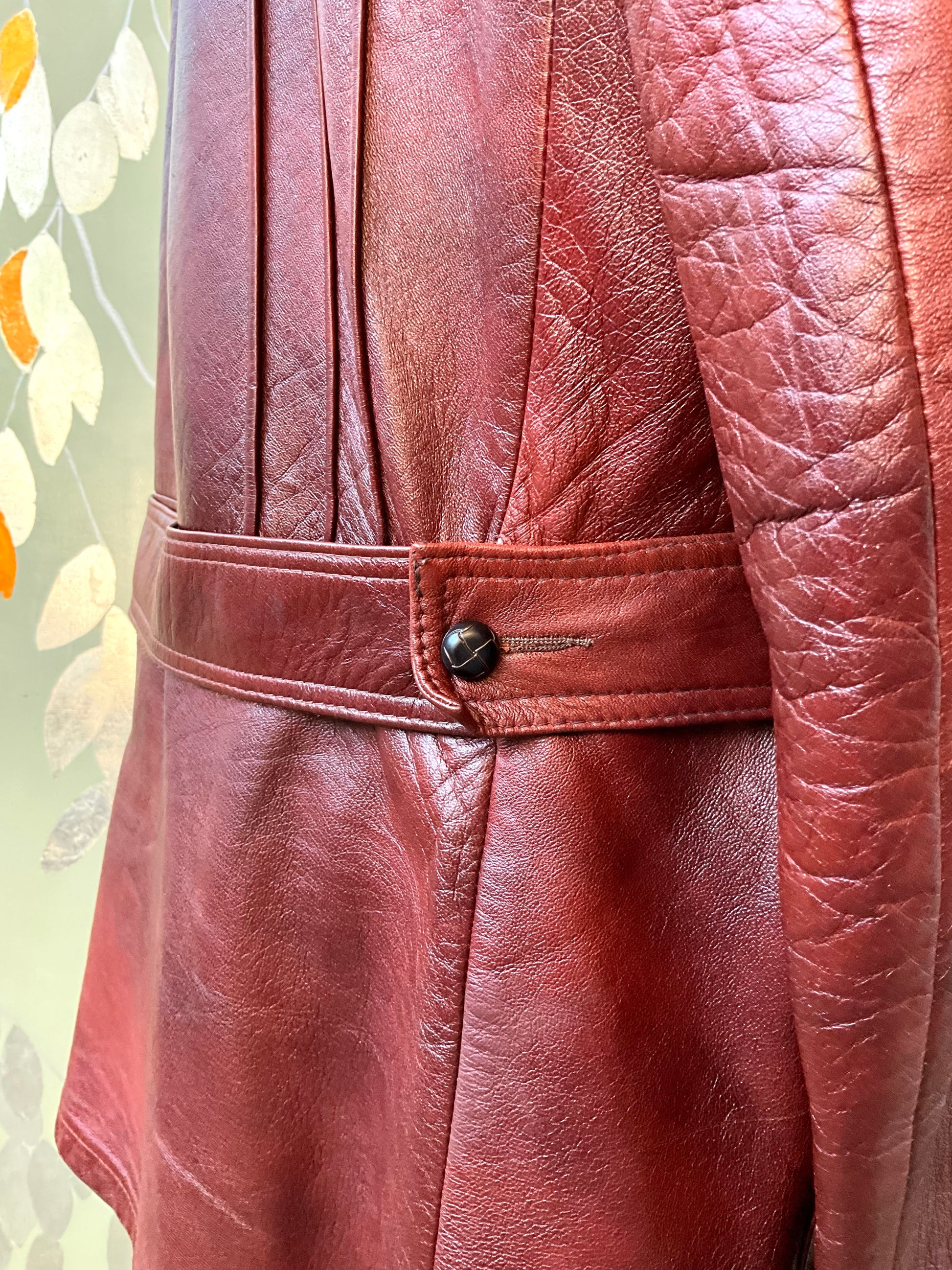 Vintage 1970s Burgundy Red Leather Men's Belted Jacket, Mac-Mor, Large 