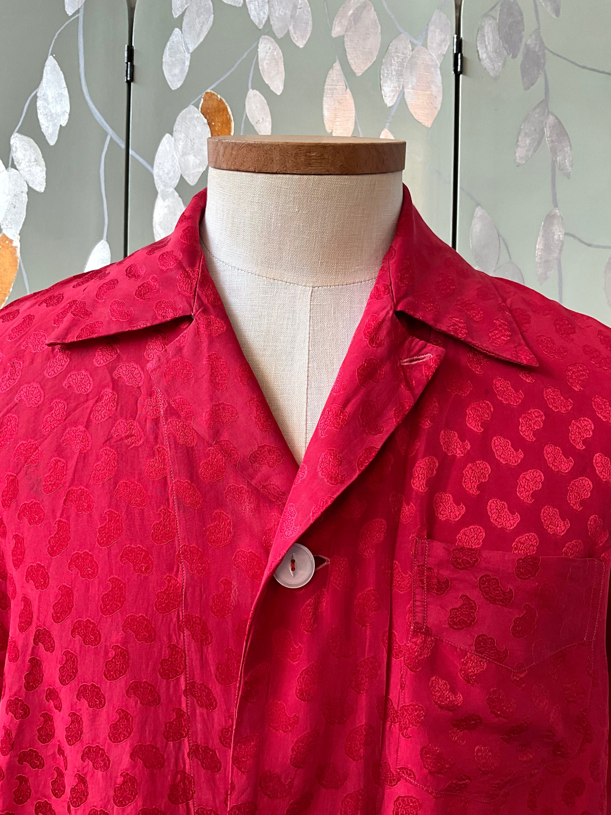 Vintage 1950s Men's Red Satin Damask Pyjama Set, Large 