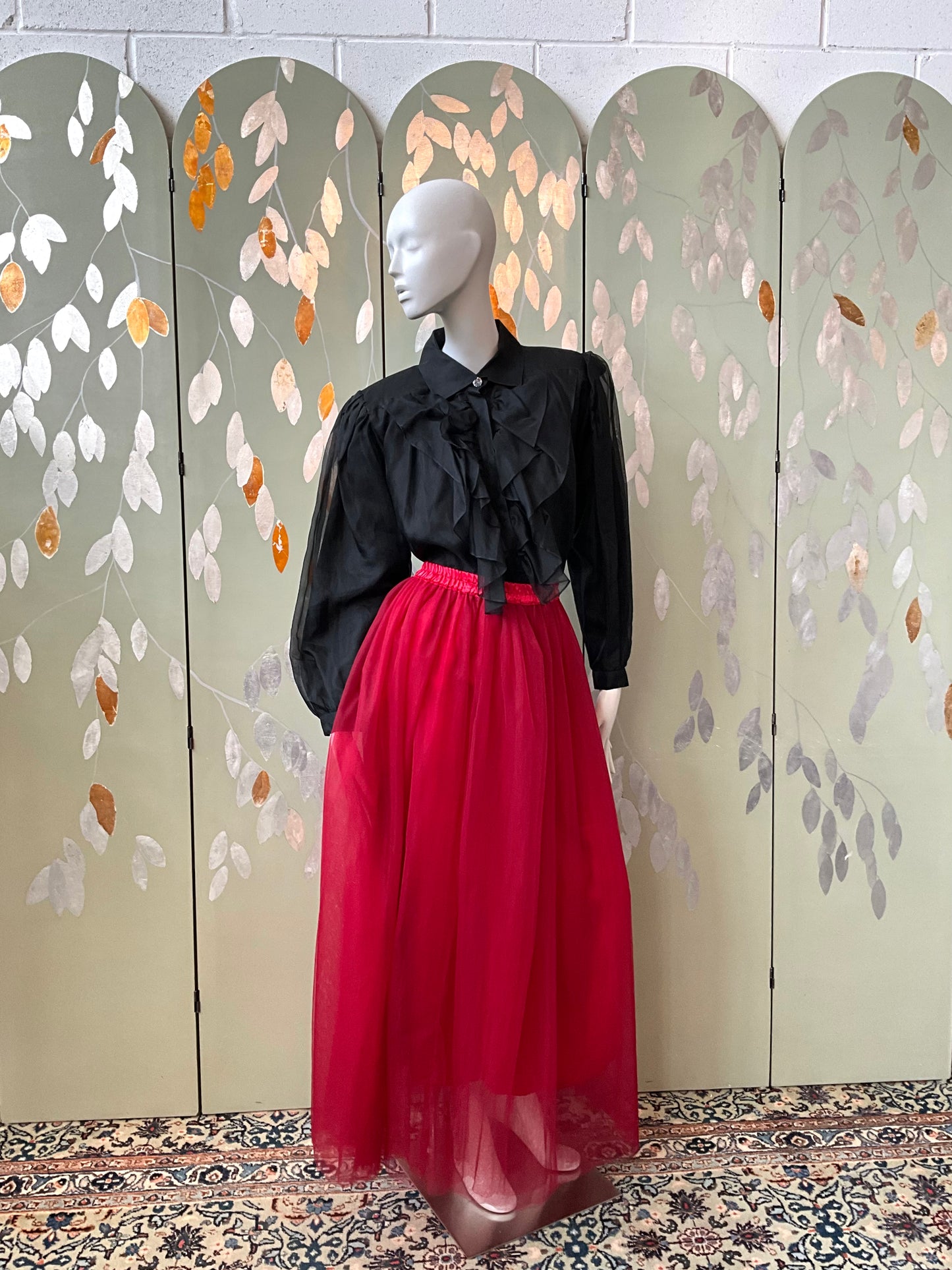 Vintage 1980s Sheer Black Silk Ruffle Blouse, L/XL