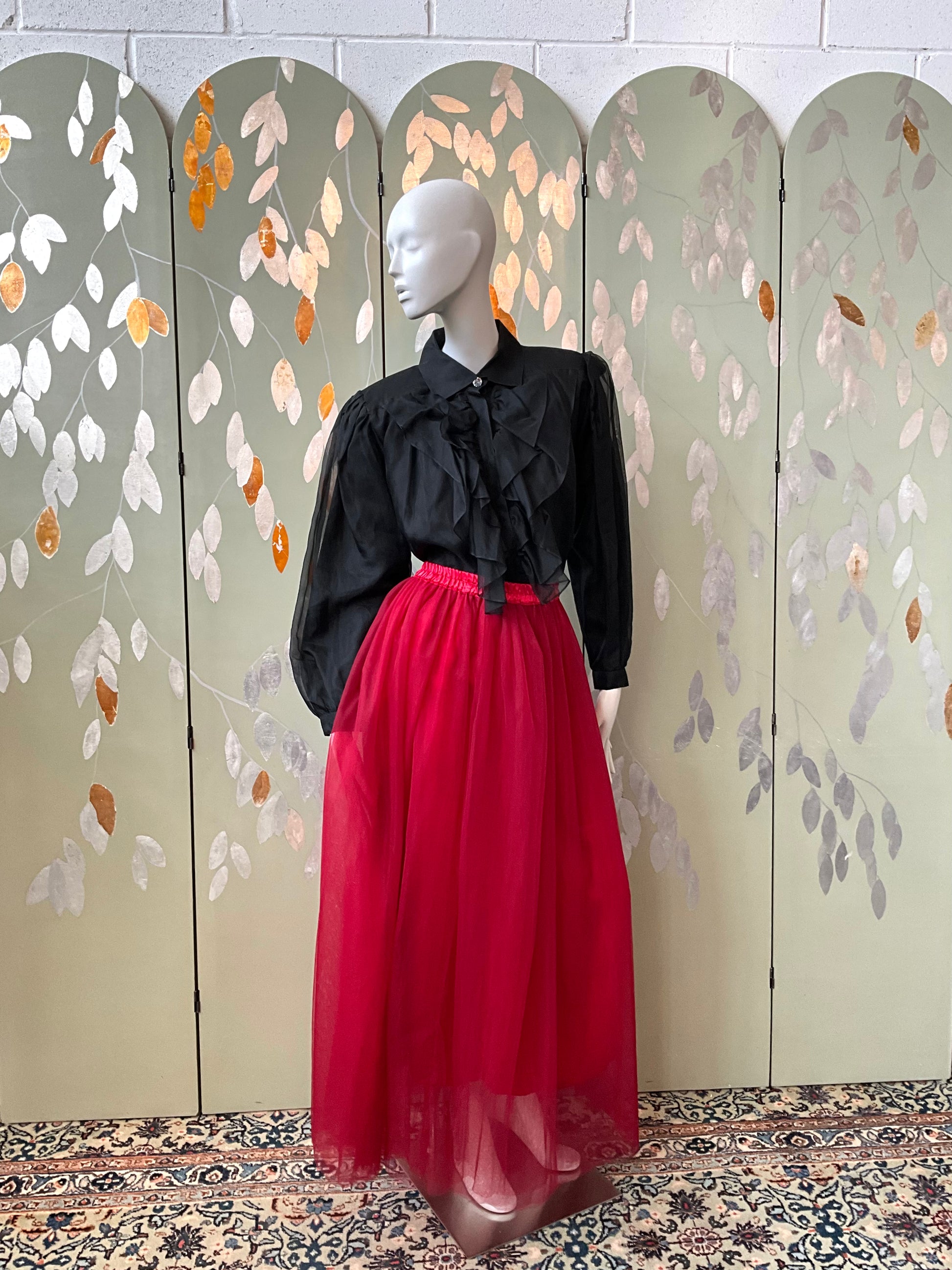 Vintage 1980s Sheer Black Silk Ruffle Blouse, L/XL