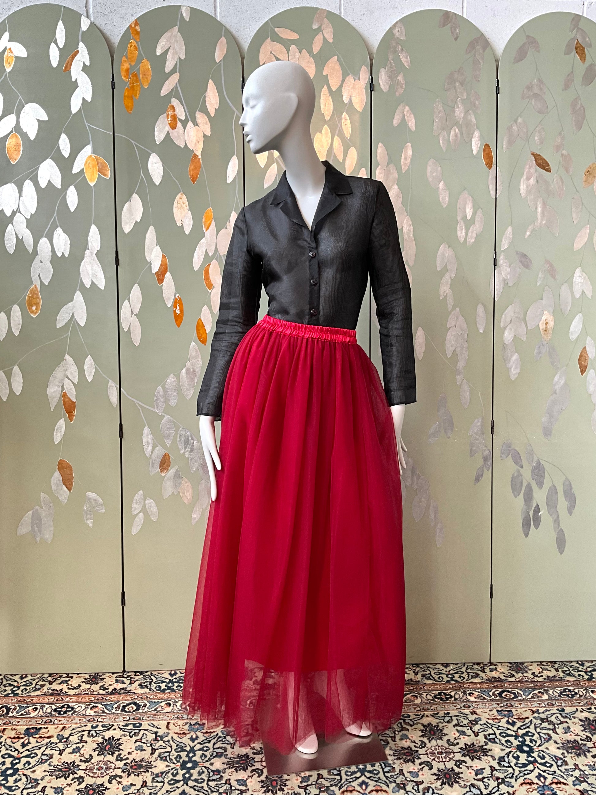 Vintage Deadstock Ruby Red Tulle Maxi Skirt, L/XL