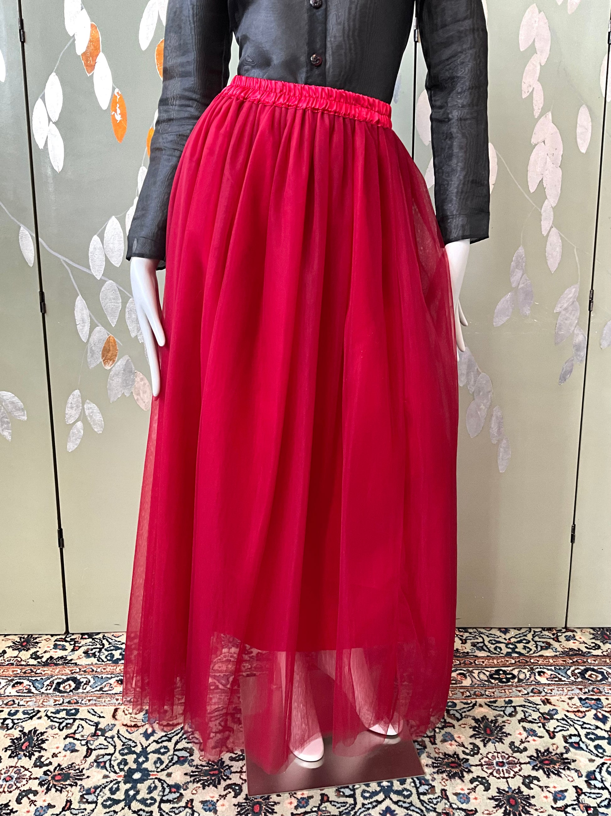 Vintage Deadstock Ruby Red Tulle Maxi Skirt, L/XL