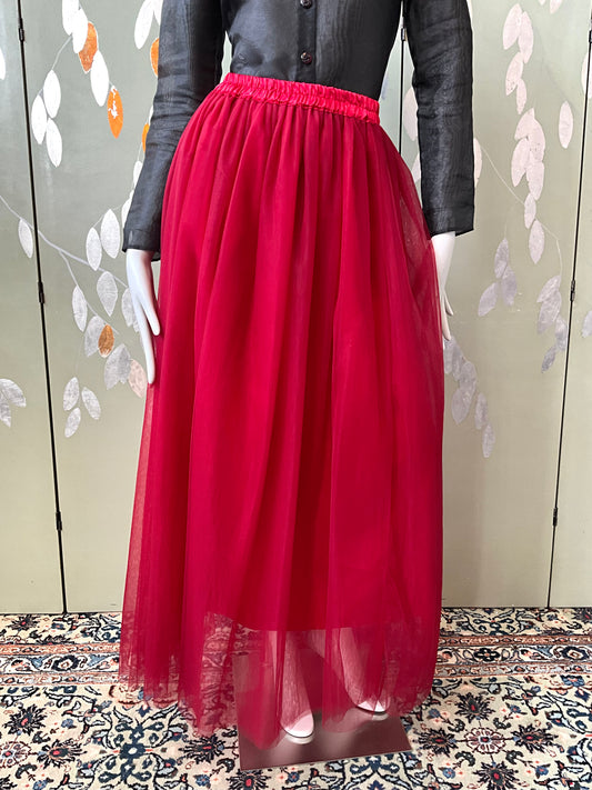 Vintage Deadstock Ruby Red Tulle Maxi Skirt, L/XL