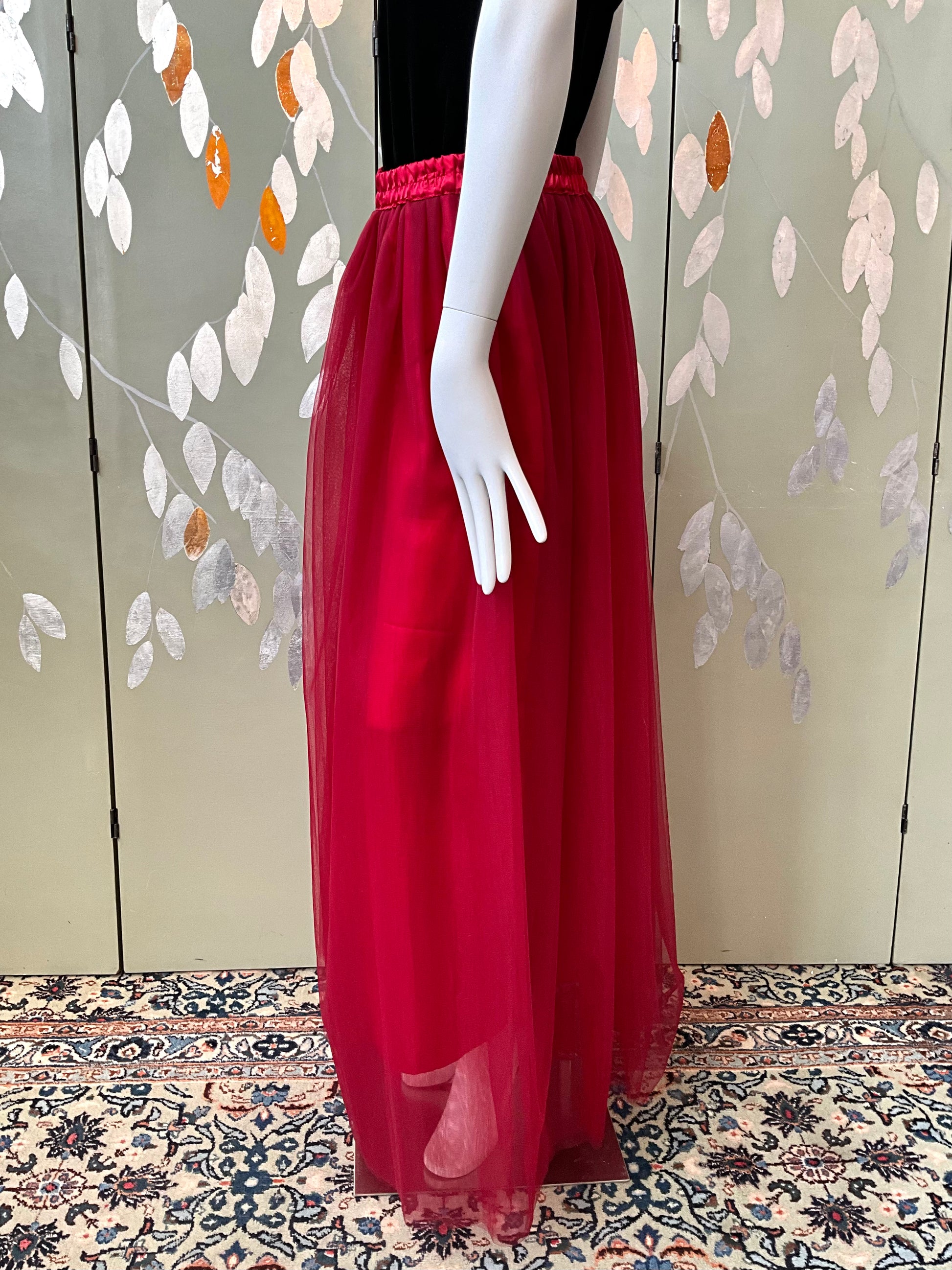 Vintage Deadstock Ruby Red Tulle Maxi Skirt, L/XL