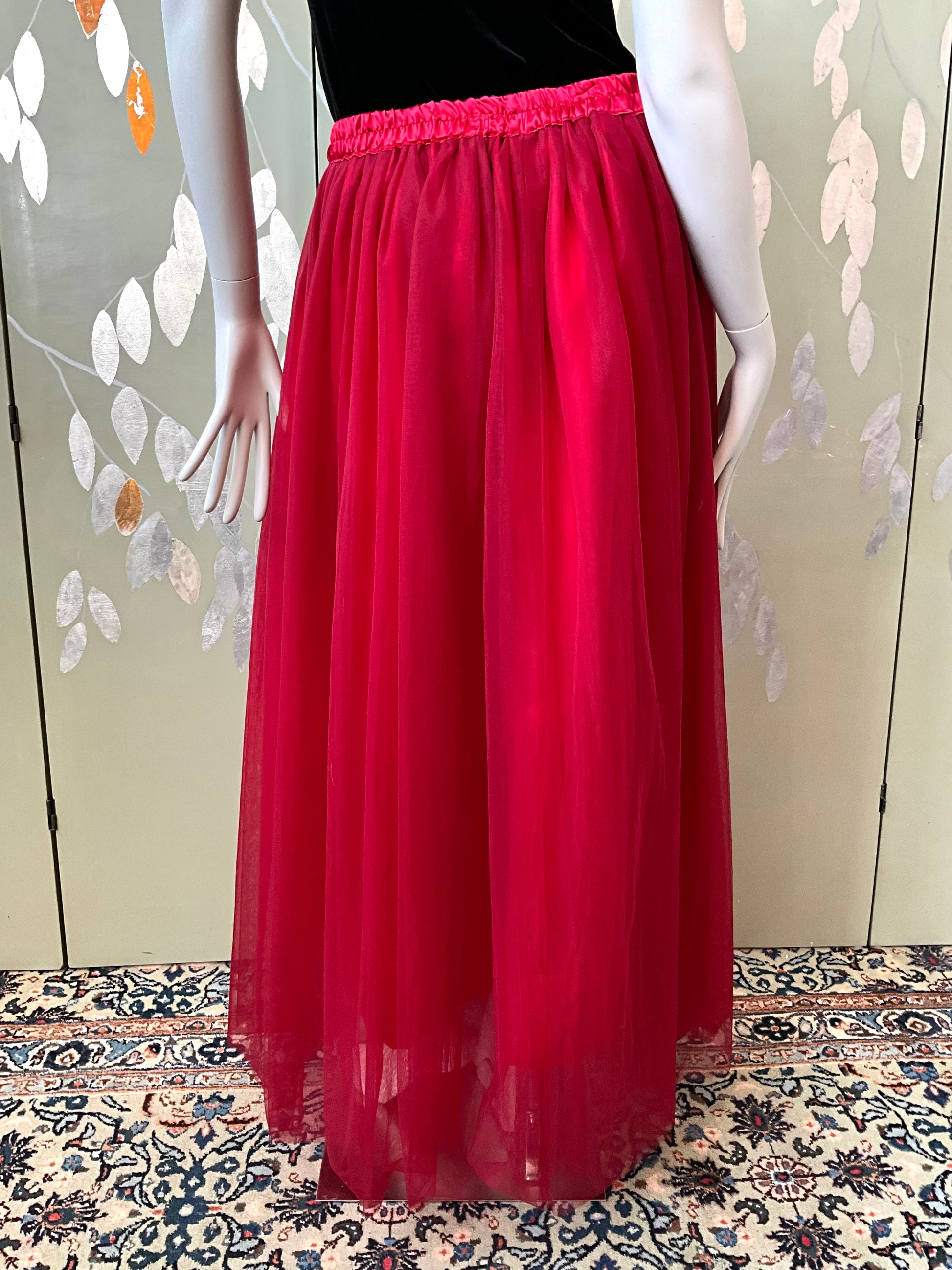 Vintage Deadstock Ruby Red Tulle Maxi Skirt, L/XL