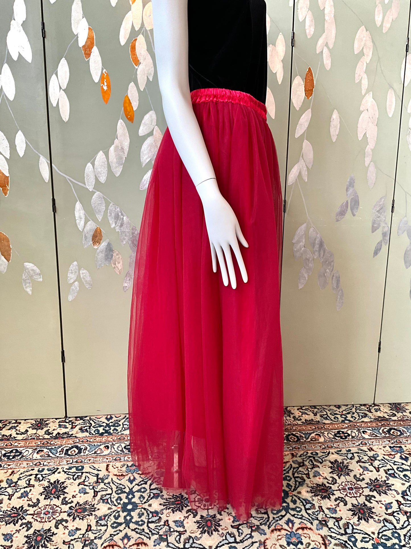 Vintage Deadstock Ruby Red Tulle Maxi Skirt, L/XL