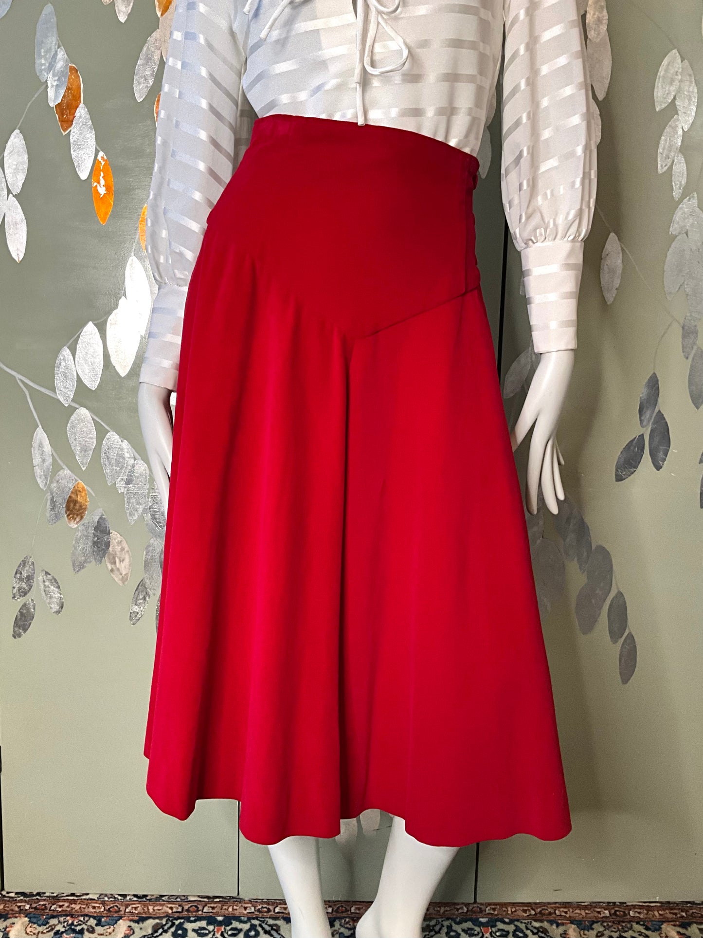 Vintage 1950s Red Velvet Basque Waist Circle Skirt, Small 