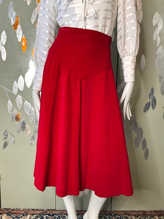 Vintage 1950s Red Velvet Basque Waist Circle Skirt, Small 