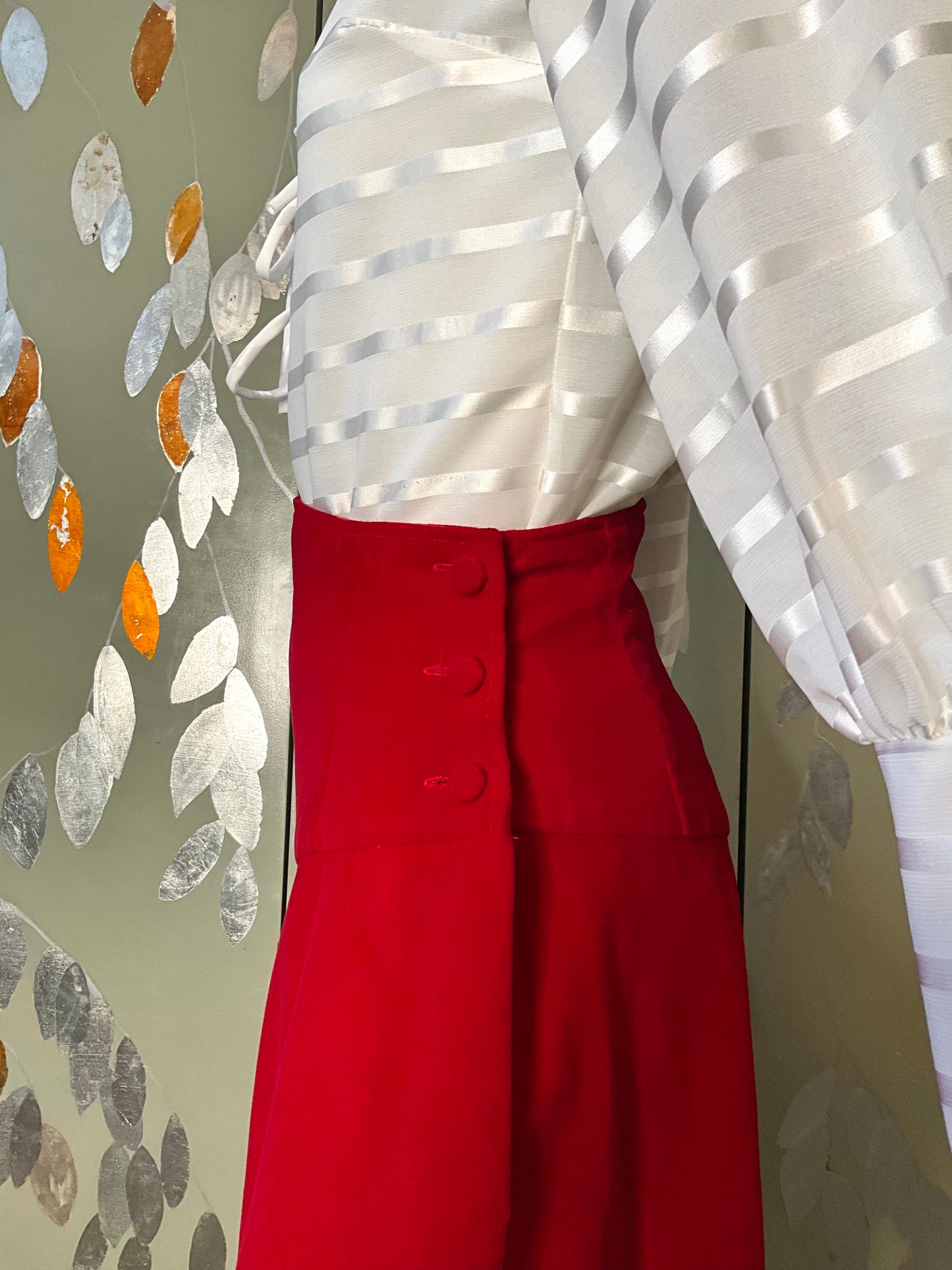 Vintage 1950s Red Velvet Basque Waist Circle Skirt, Small 