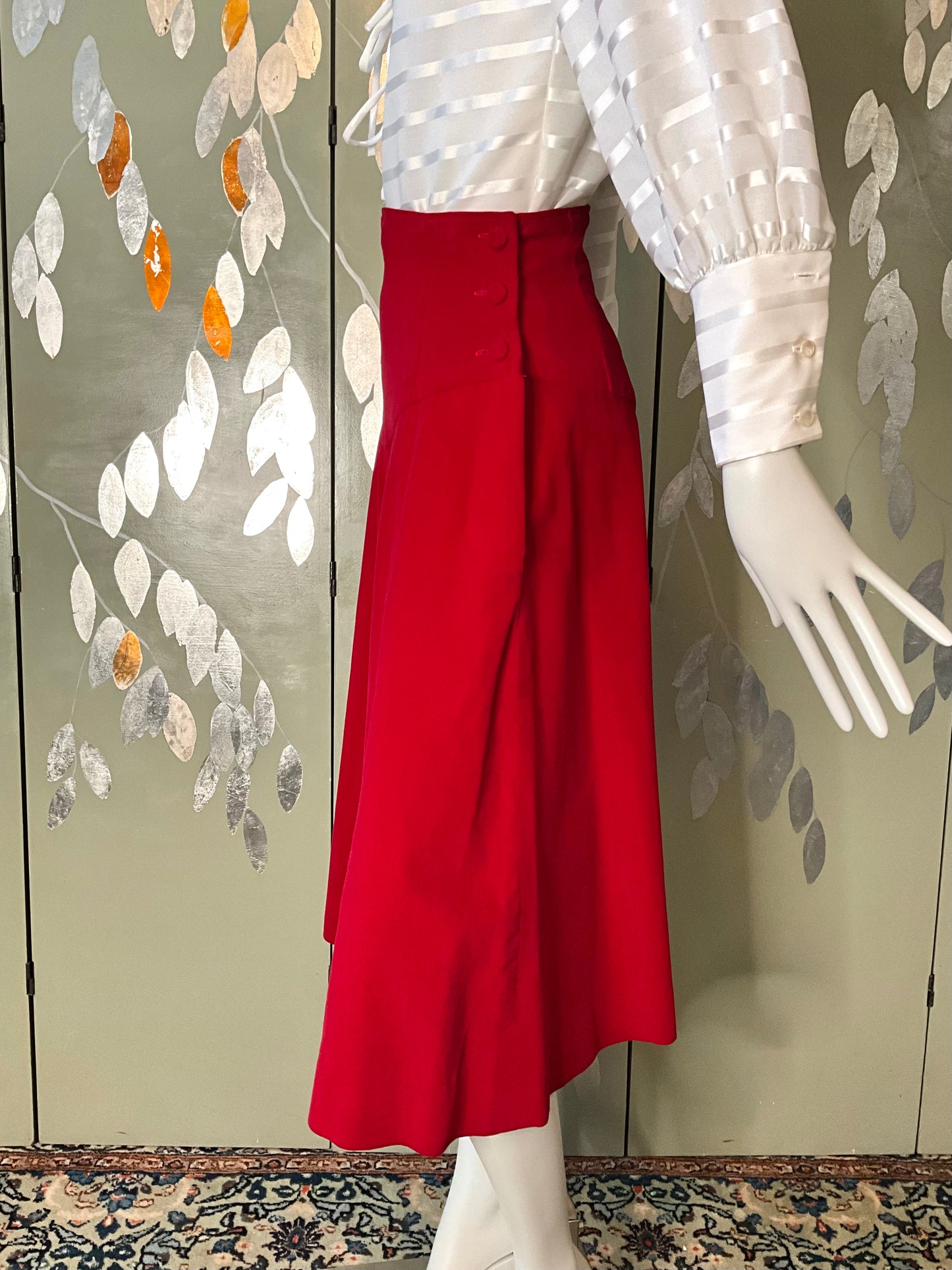 Vintage 1950s Red Velvet Basque Waist Circle Skirt, Small 