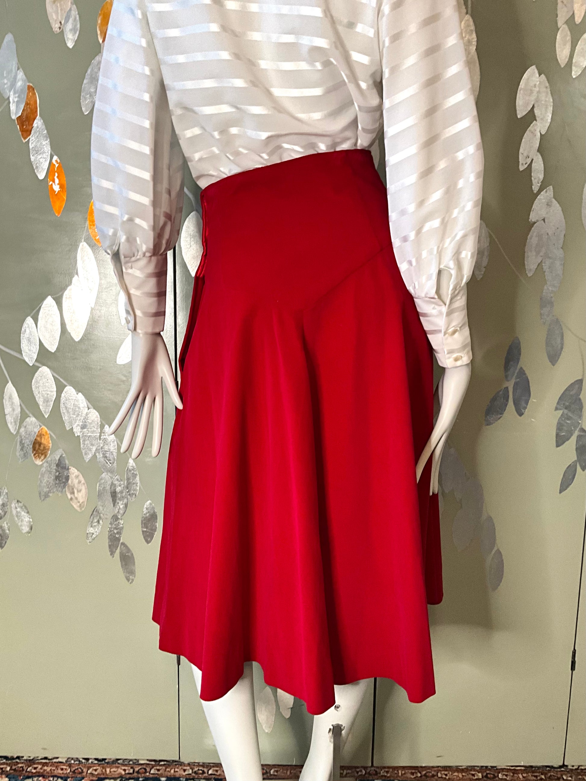 Vintage 1950s Red Velvet Basque Waist Circle Skirt, Small 