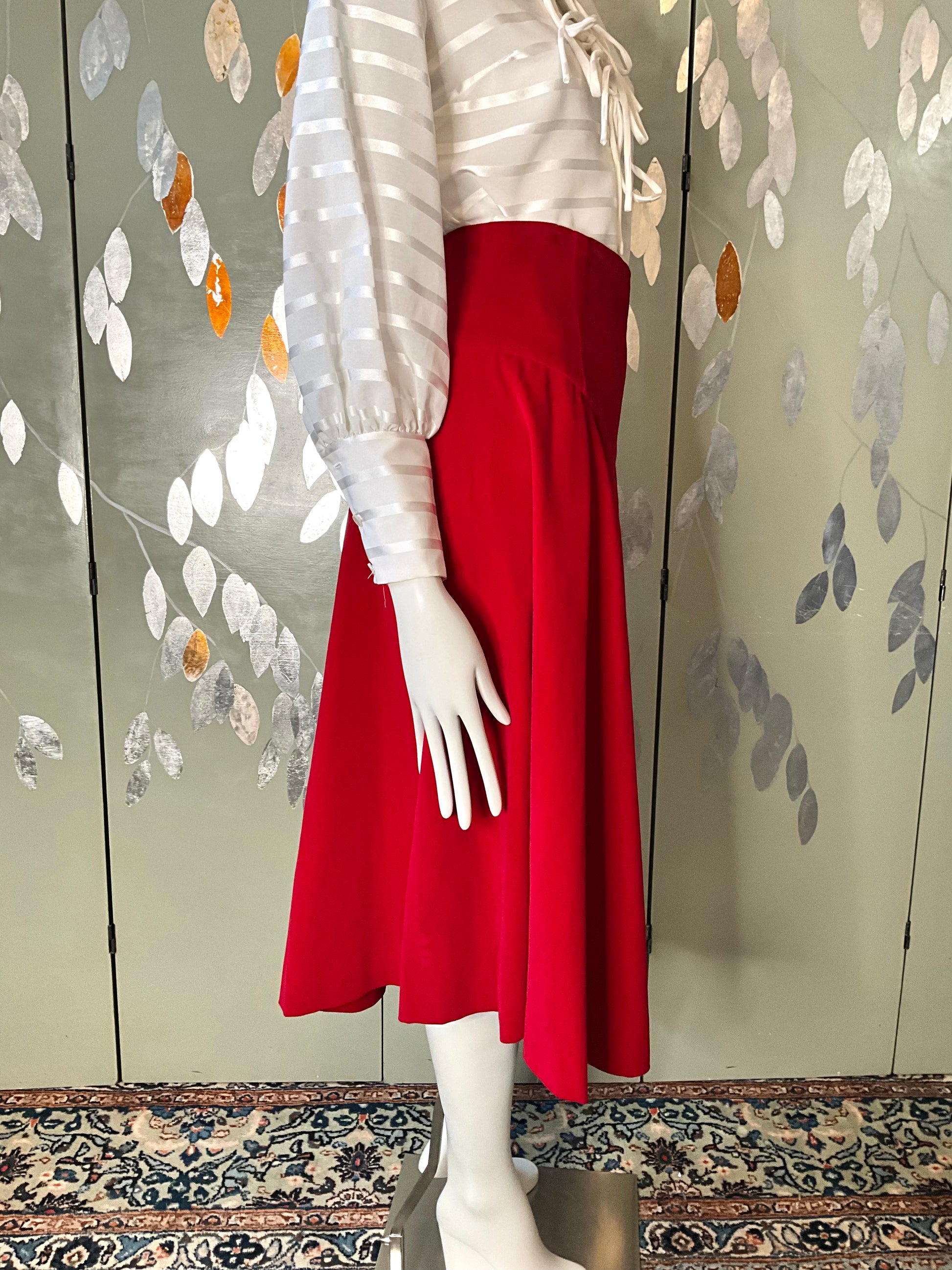 Vintage 1950s Red Velvet Basque Waist Circle Skirt, Small Vintage 1950s Red Velvet Basque Waist Circle Skirt, Small