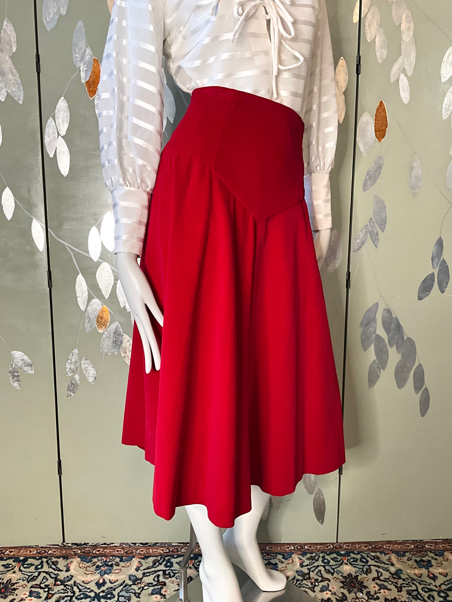 Vintage 1950s Red Velvet Basque Waist Circle Skirt, Small 