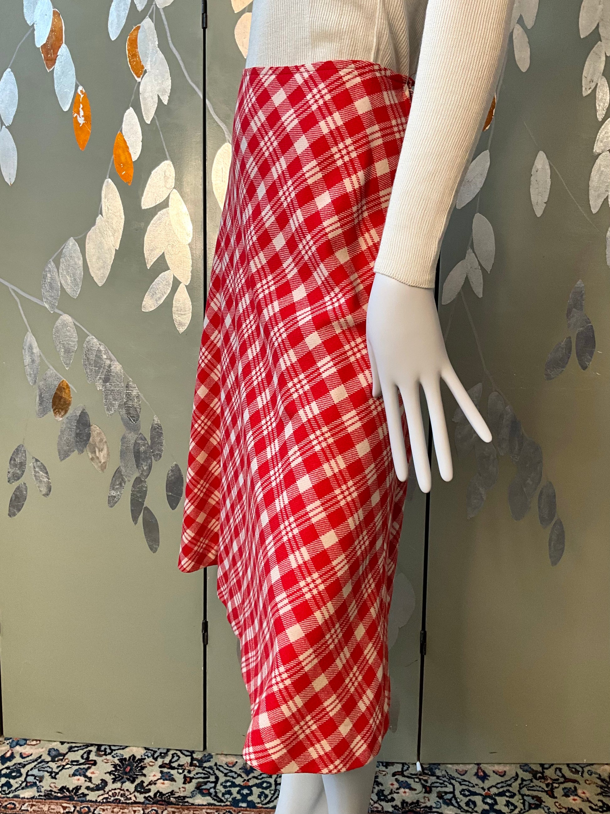 Vintage 1970s Red and Cream Plaid Flared Midi Skirt, W32