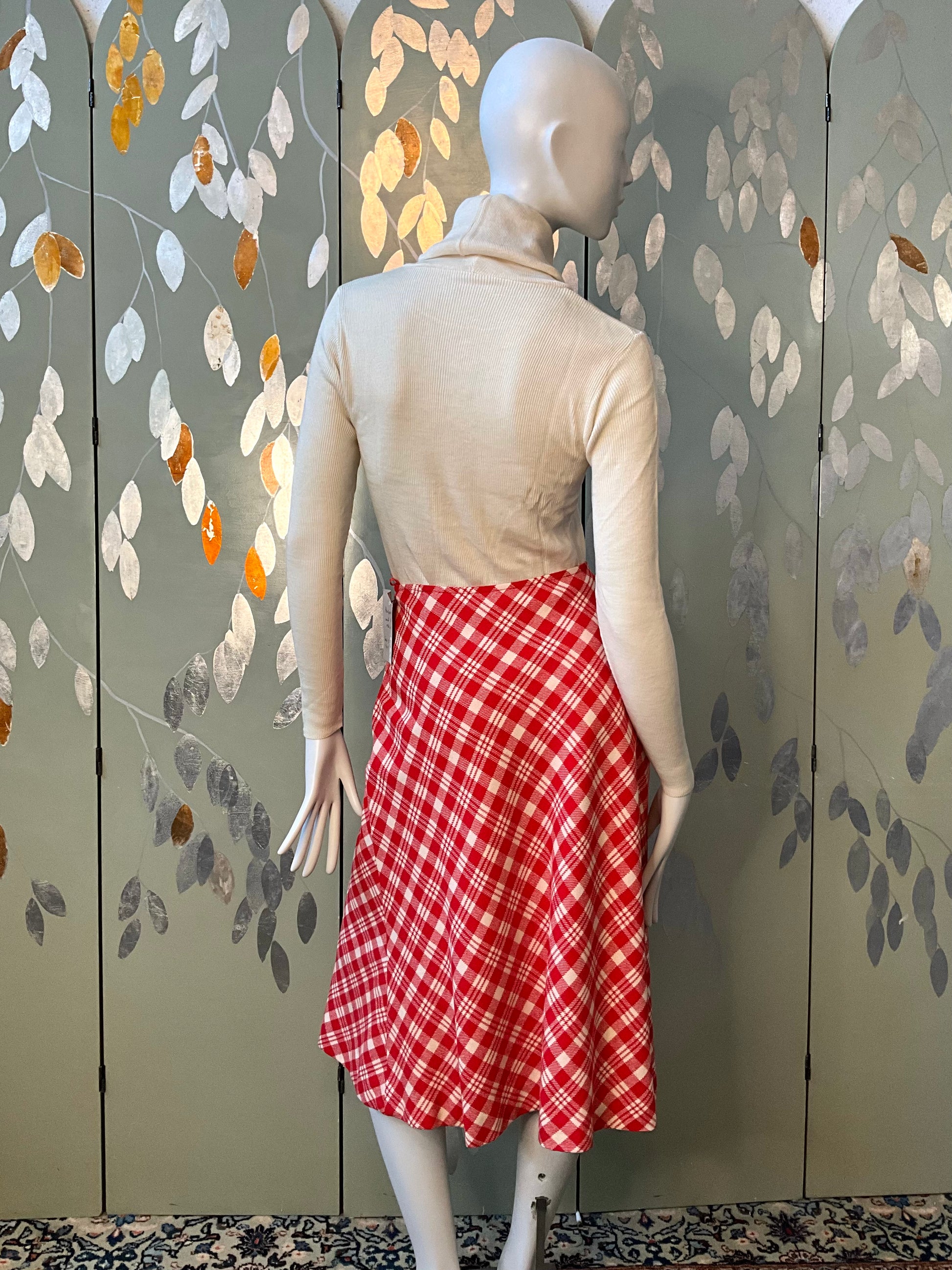 Vintage 1970s Red and Cream Plaid Flared Midi Skirt, W32