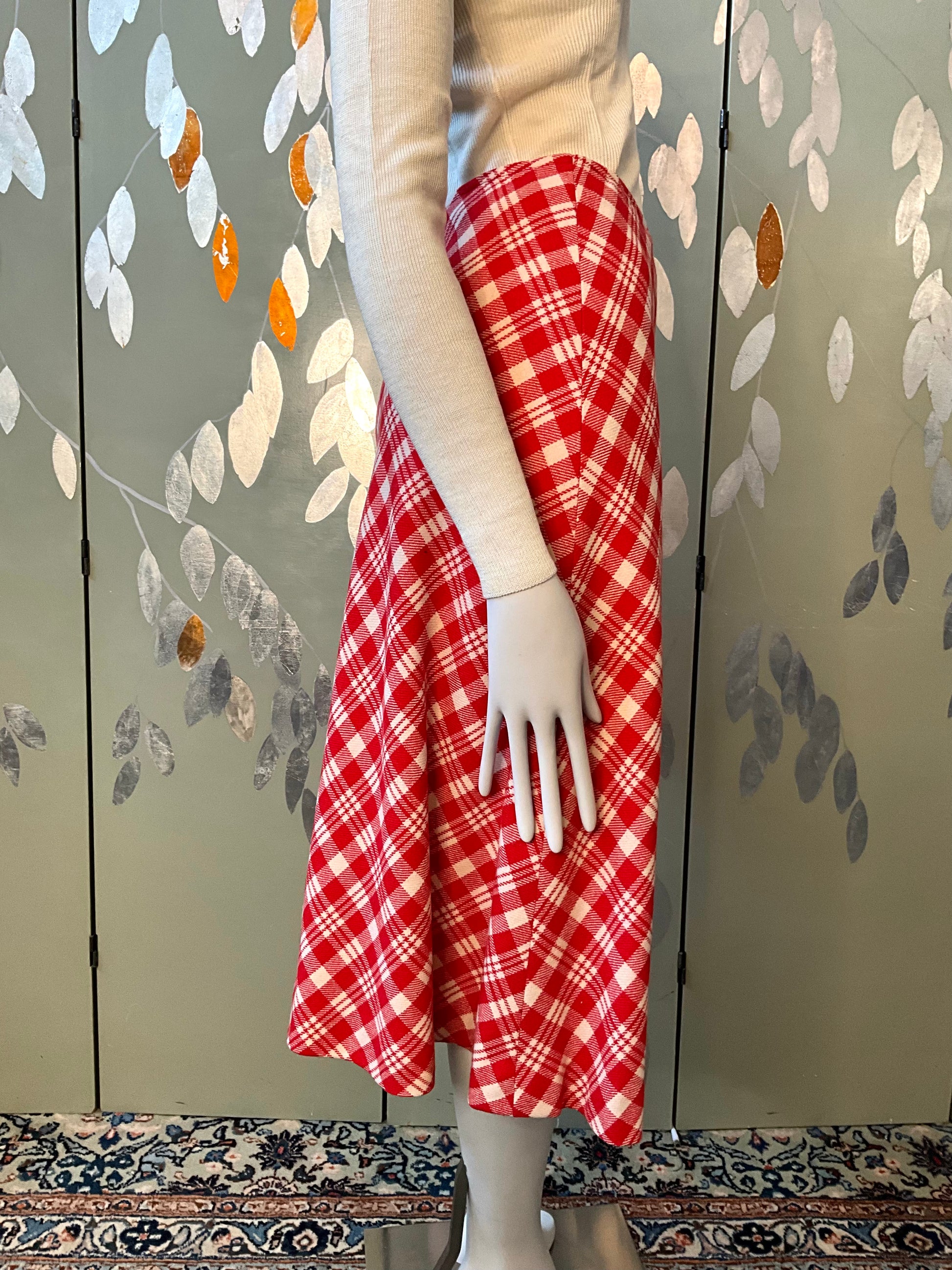 Vintage 1970s Red and Cream Plaid Flared Midi Skirt, W32