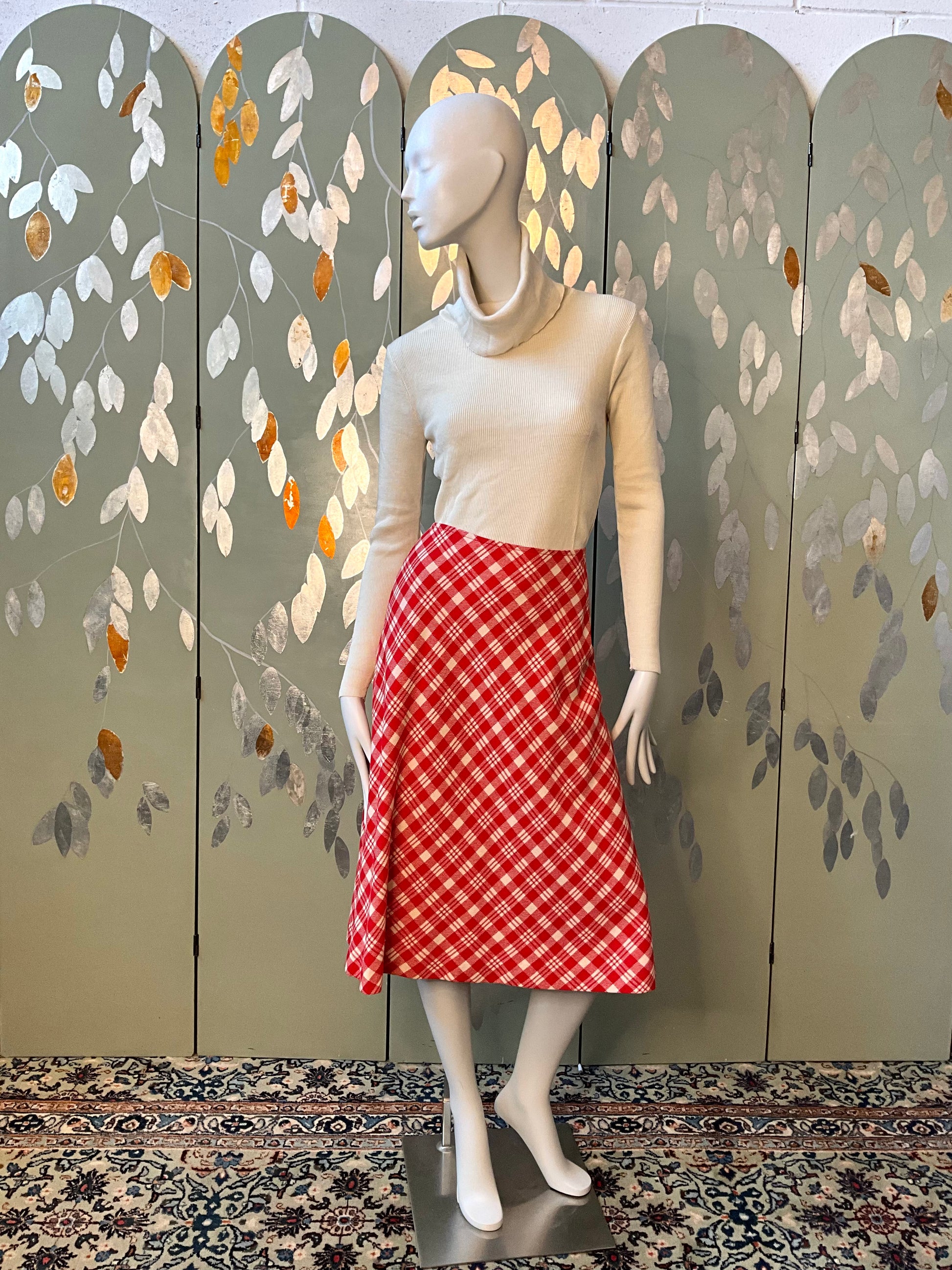 Vintage 1970s Red and Cream Plaid Flared Midi Skirt, W32