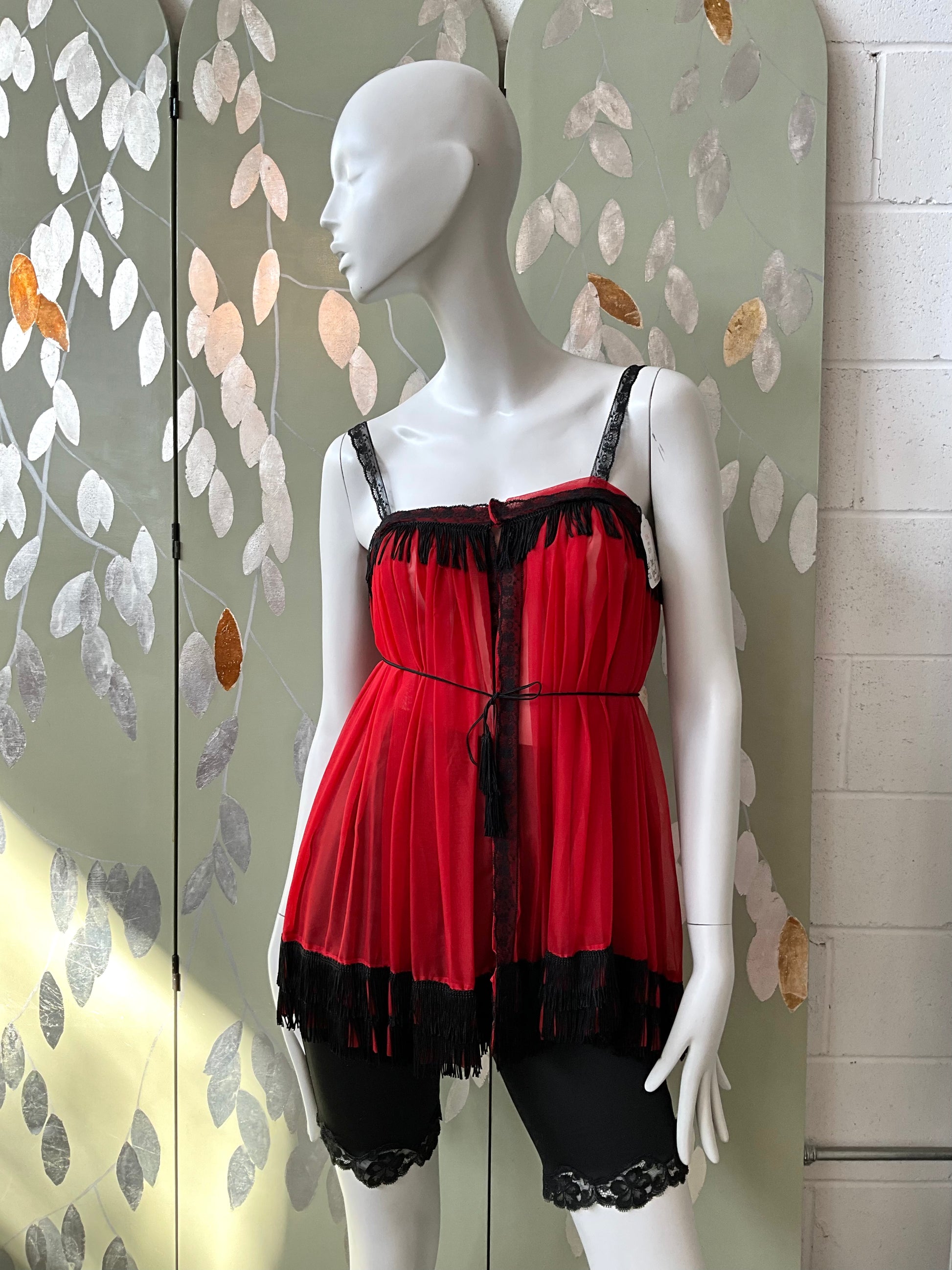 Vintage Red and Black Sheer Fringed Lingerie Bed Jacket, Small 