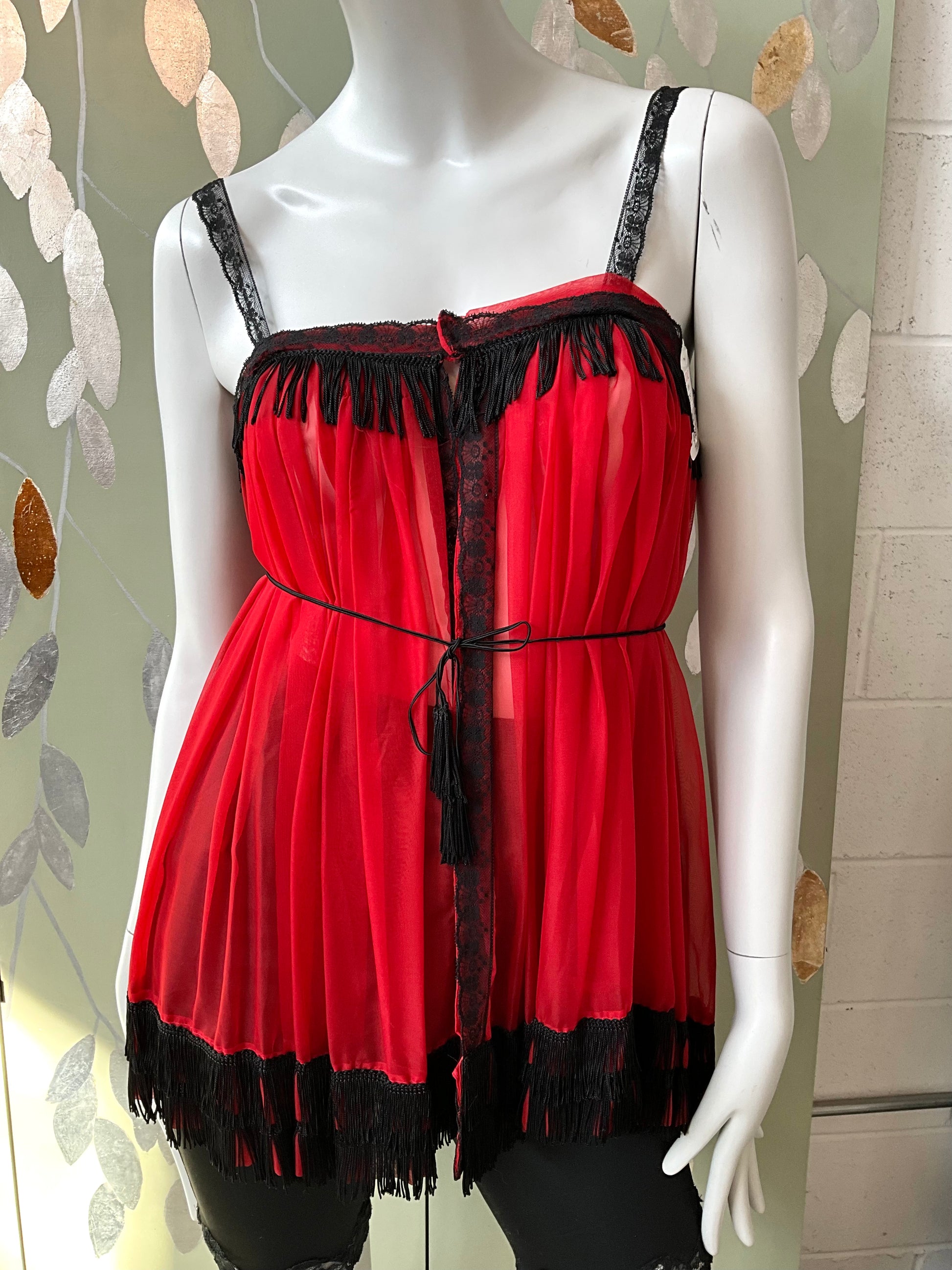 Vintage Red and Black Sheer Fringed Lingerie Bed Jacket, Small 