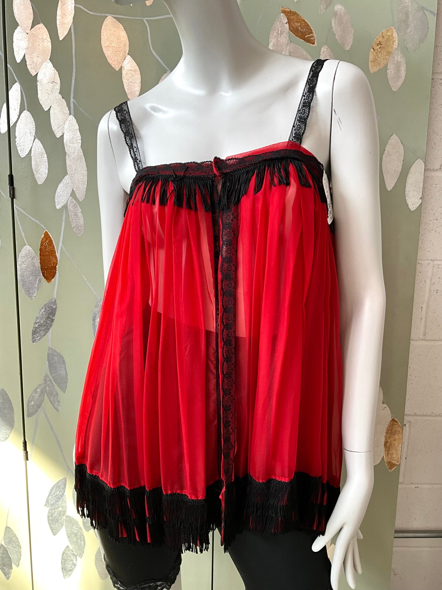 Vintage Red and Black Sheer Fringed Lingerie Bed Jacket, Small 