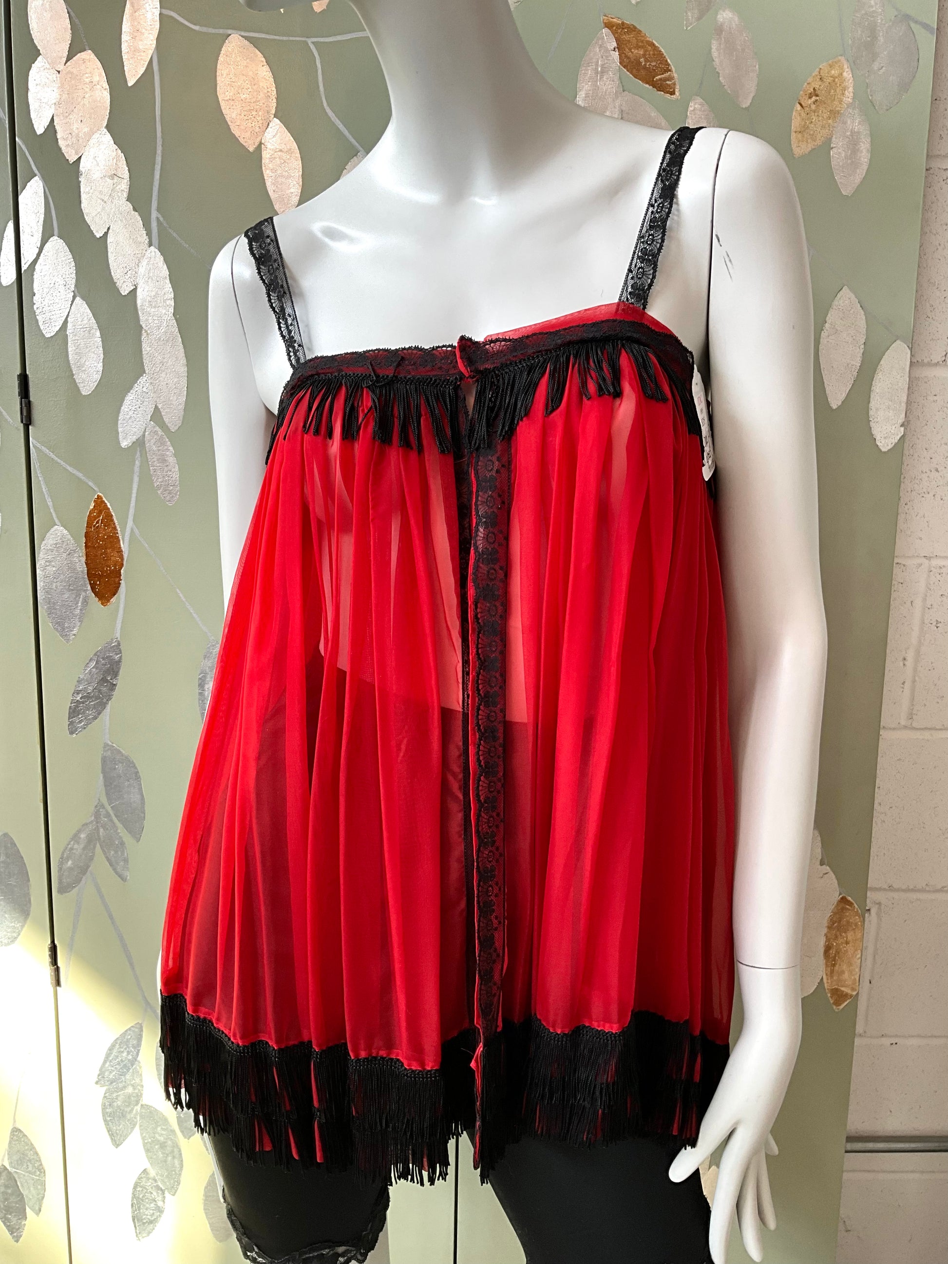 Vintage Red and Black Sheer Fringed Lingerie Bed Jacket, Small 