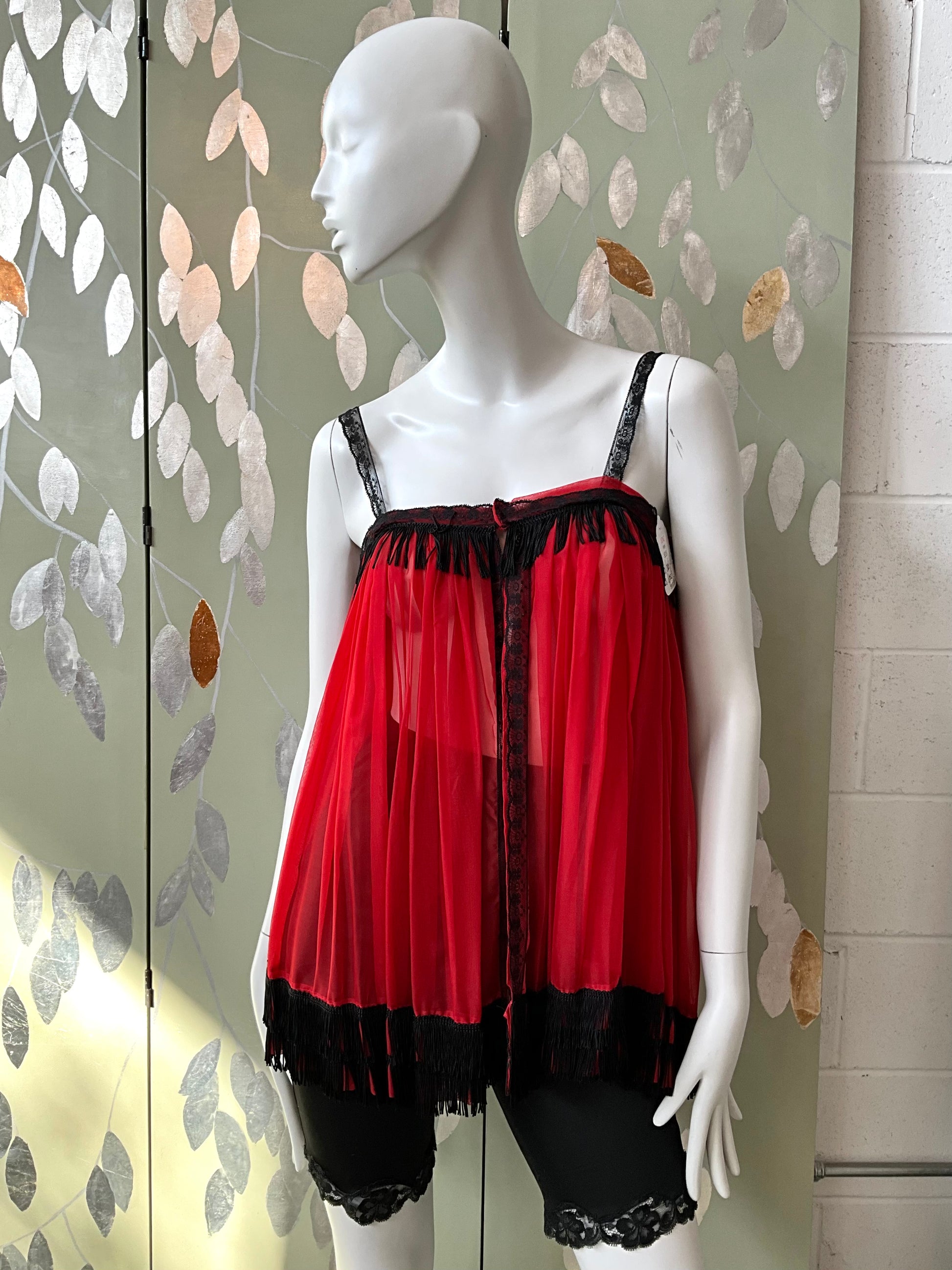 Vintage Red and Black Sheer Fringed Lingerie Bed Jacket, Small 