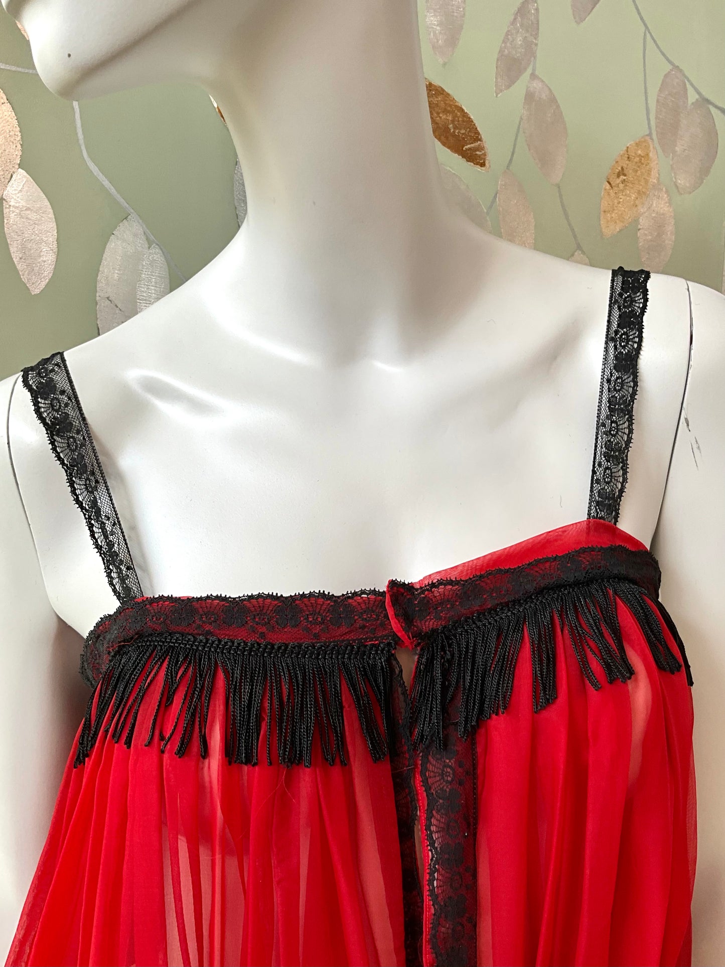 Vintage Red and Black Sheer Fringed Lingerie Bed Jacket, Small 