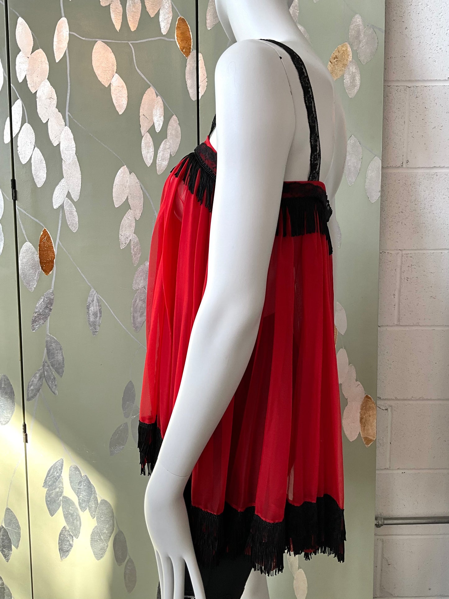 Vintage Red and Black Sheer Fringed Lingerie Bed Jacket, Small 