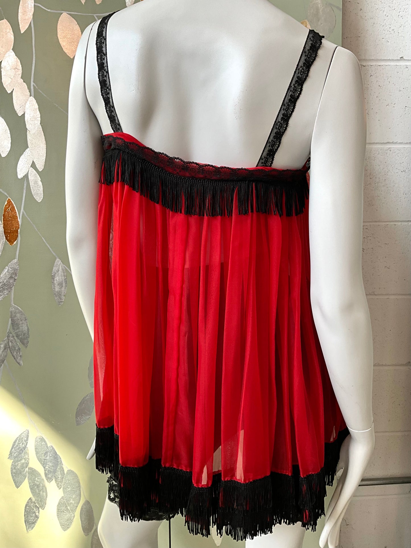 Vintage Red and Black Sheer Fringed Lingerie Bed Jacket, Small 