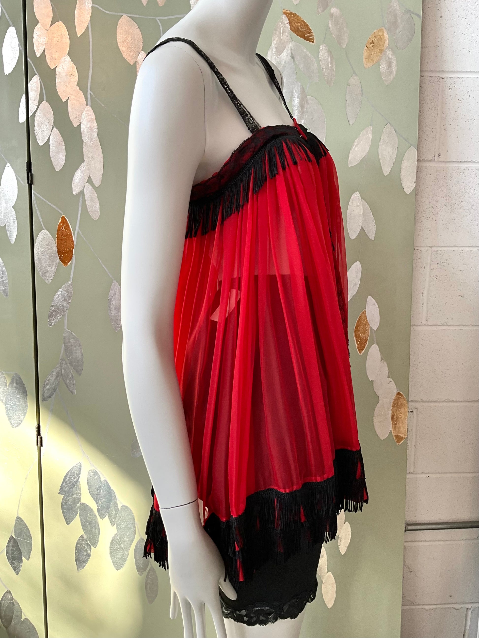 Vintage Red and Black Sheer Fringed Lingerie Bed Jacket, Small 