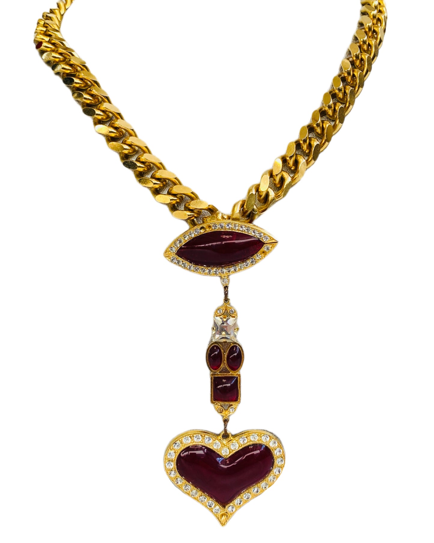 Vintage 1990s B&W Red Heart Charm Chunky Gold Chain Necklace 