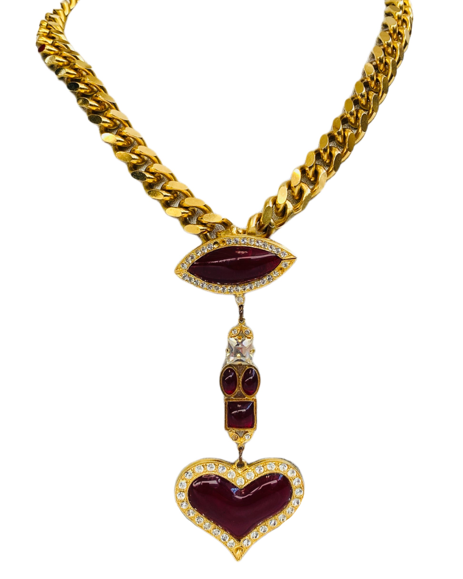 Vintage 1990s B&W Red Heart Charm Chunky Gold Chain Necklace 