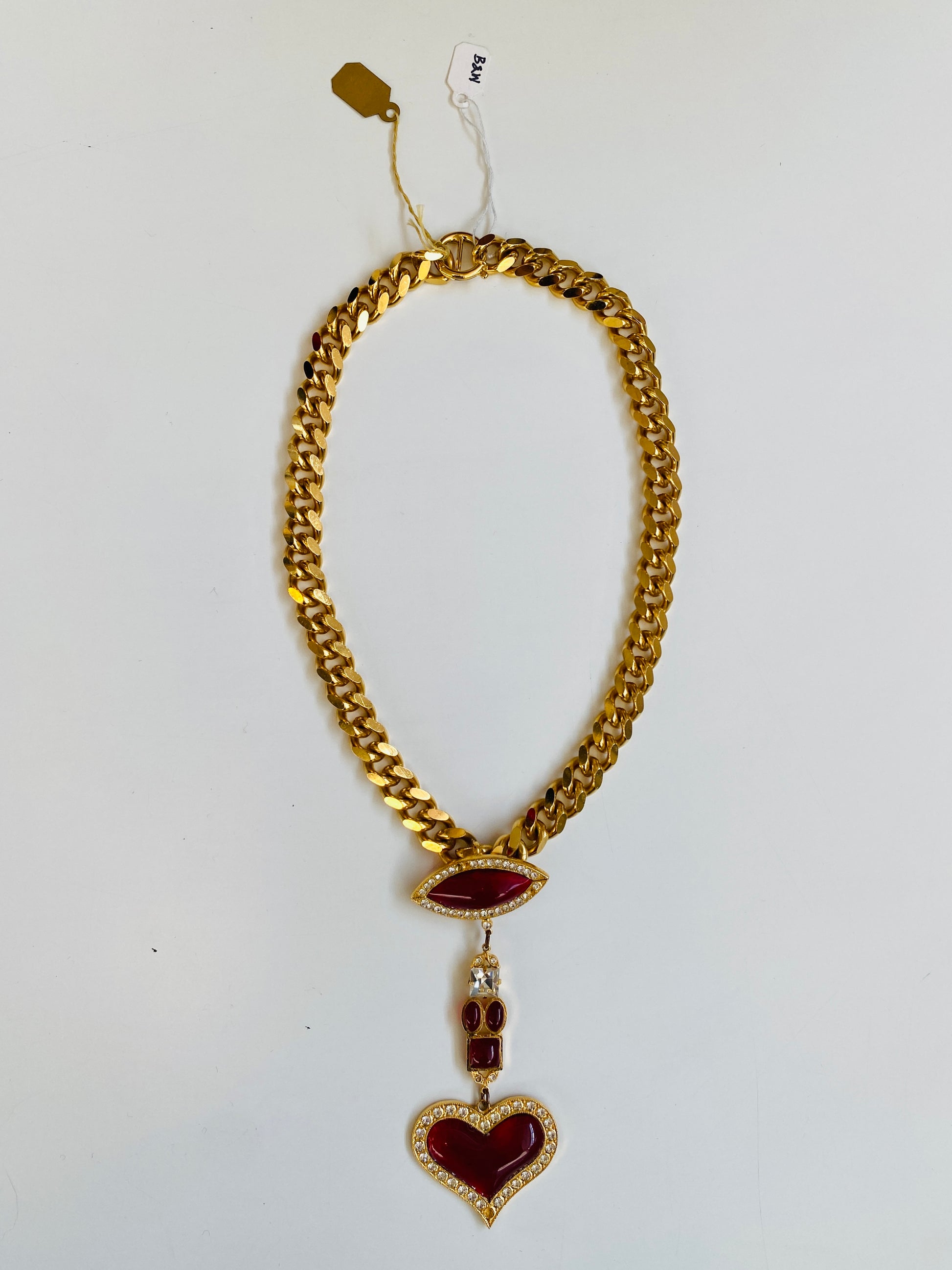 Vintage 1990s B&W Red Heart Charm Chunky Gold Chain Necklace 