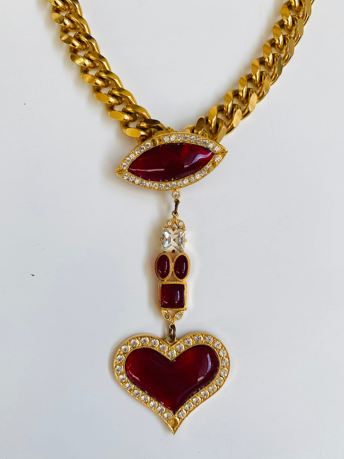 Vintage 1990s B&W Red Heart Charm Chunky Gold Chain Necklace 